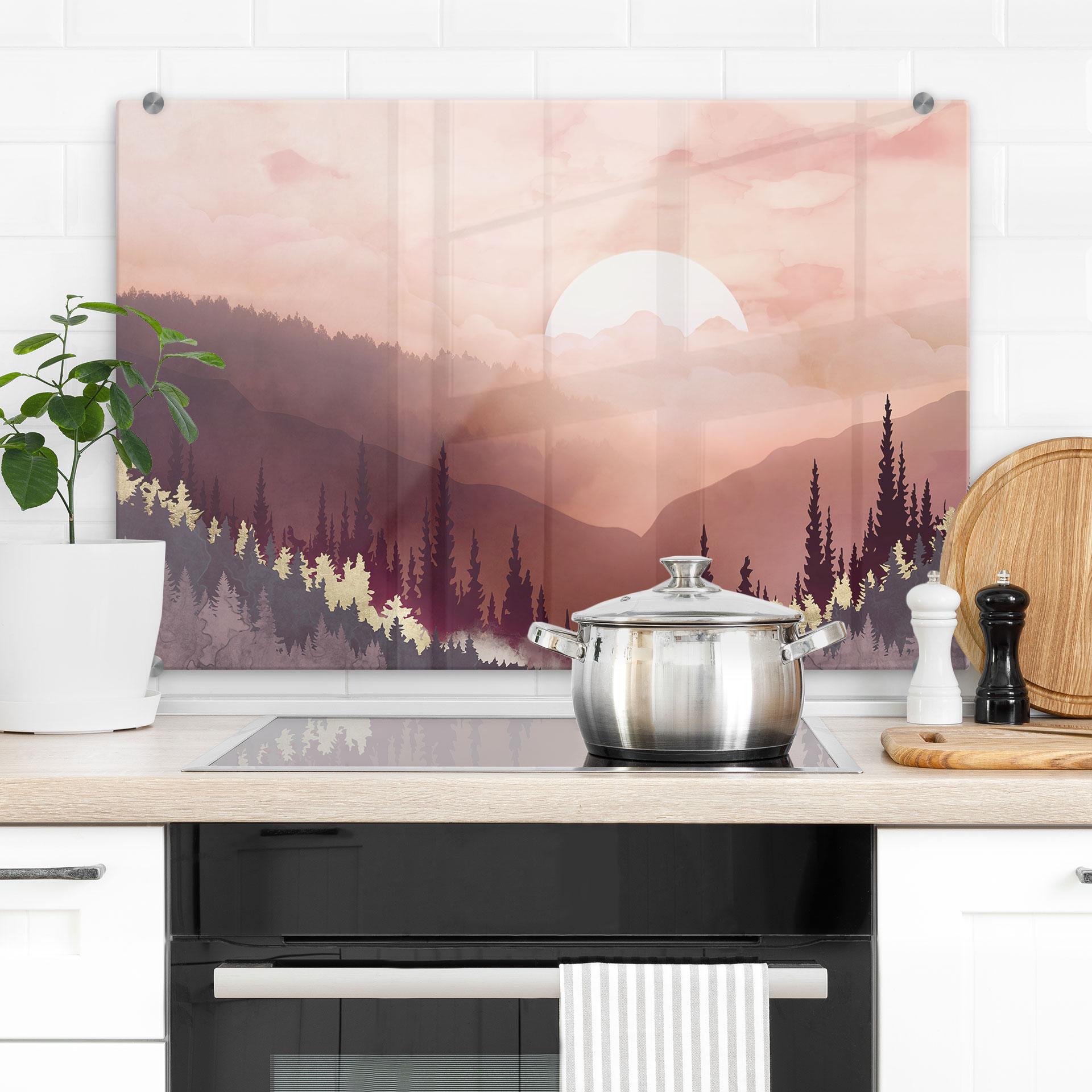 Stænkplade Lyserød solnedgang over skoven - SpaceFrog Designs