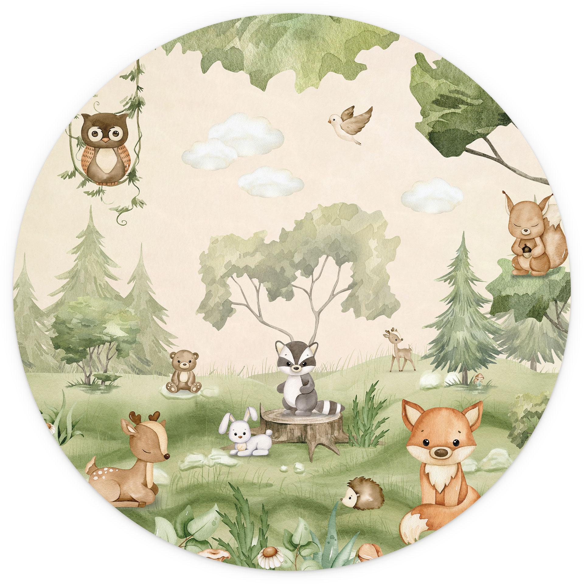 Kinderbehang schattige dieren in het hart van het bos | kinderkamer - Oliver Robins - Rond - vliesbe