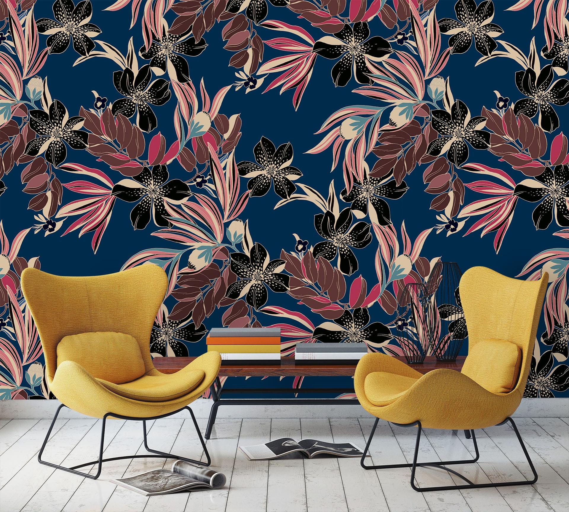 Abstrakt blomstertapet Fototapet, blå blomster 2,70 x 2,12 m