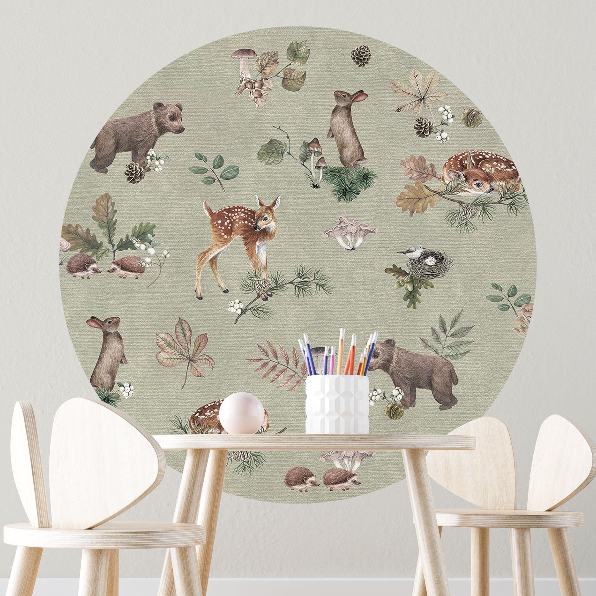 Wallsticker fawn og skovens venner - dyr til børn - grøn - Kikki Belle - Rund