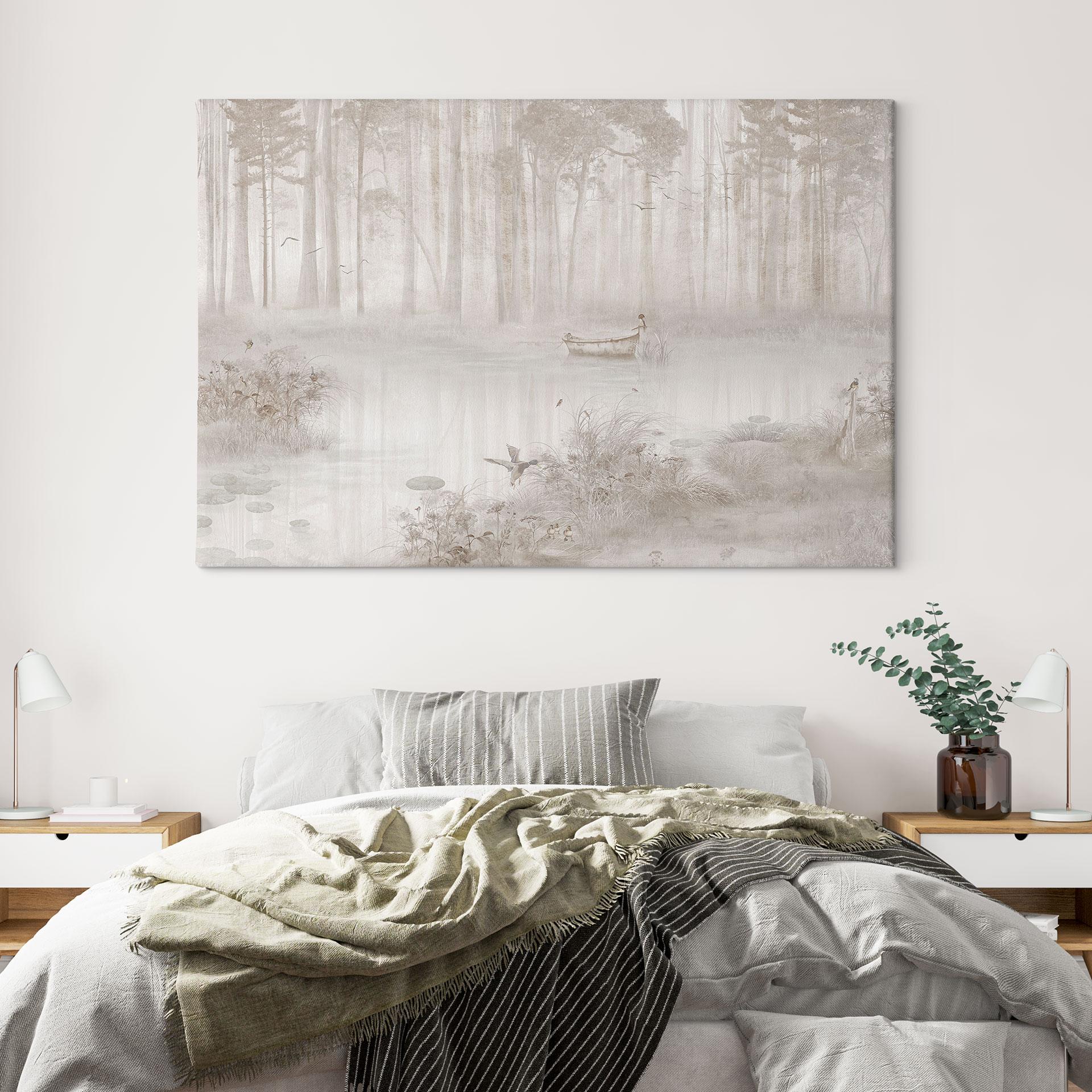 Leinwandbild Wald am See im Nebel in Beige - Ms Tiff