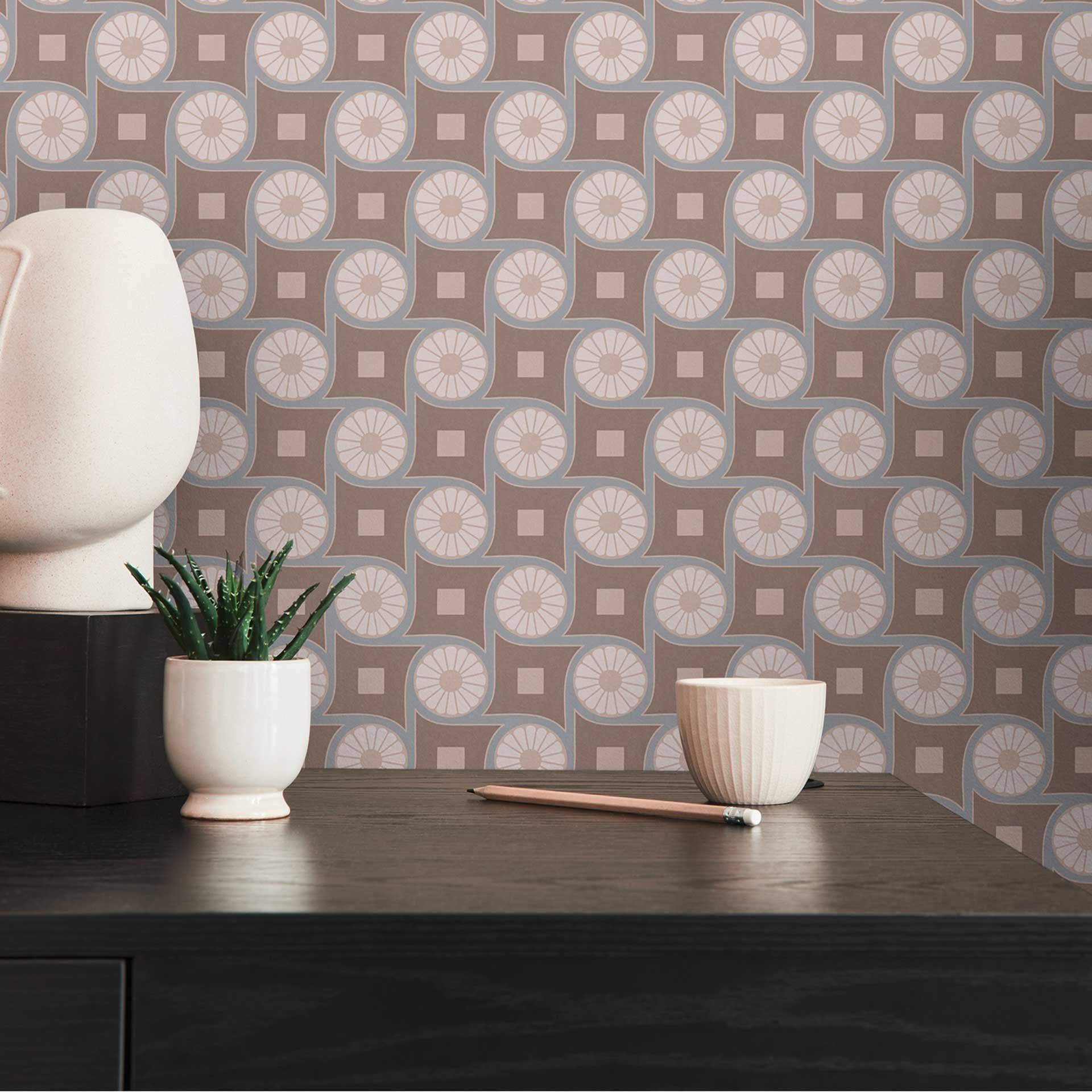 grafisk tapet med cirkelmønster brun beige - non-woven tapet i retrostil