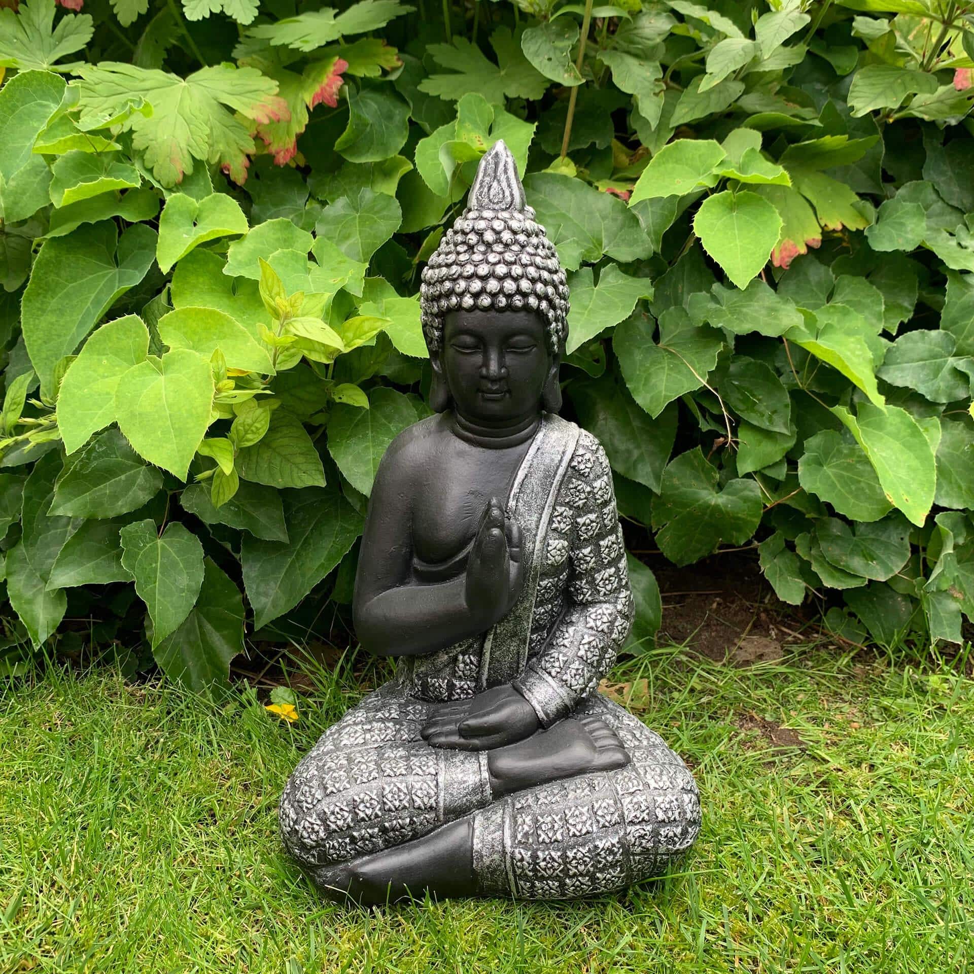 Statuette Lao Bouddha en pierre artificielle décoration de jardin et extérieurs,  noir, argent - 20x15x33 cm