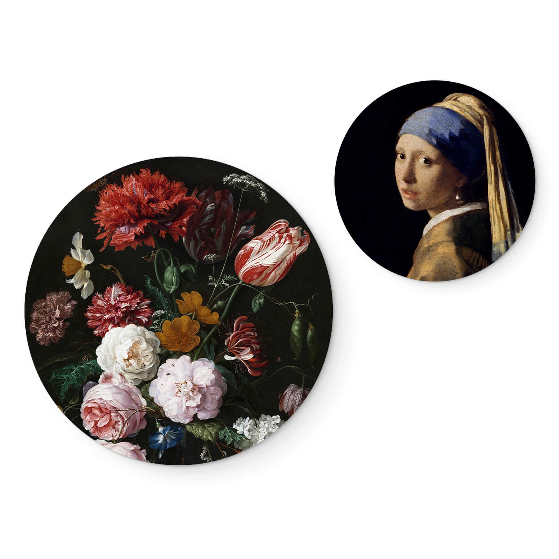 Alu-Dibond Bild Vermeer & Heem - Das Mädchen und die Blumen Set - Rund (2-teilig)