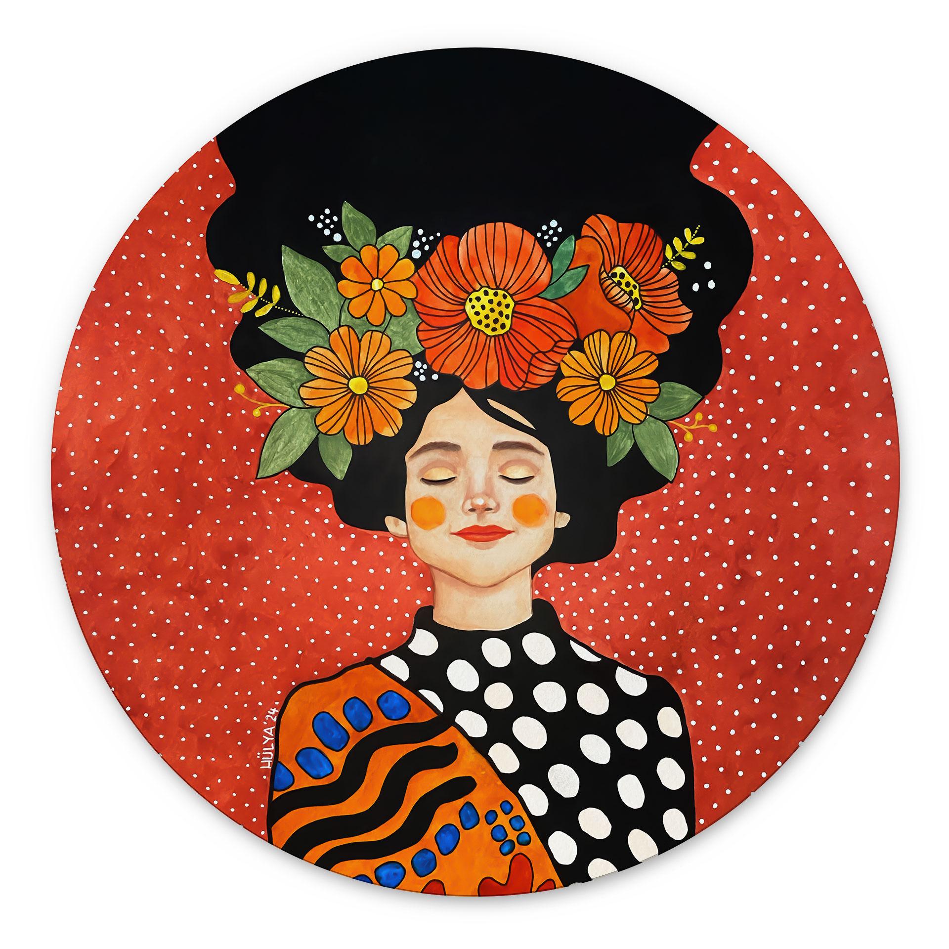 Billede Smilende kvinde med orange blomster - Hülya - Rund – print på aluminium
