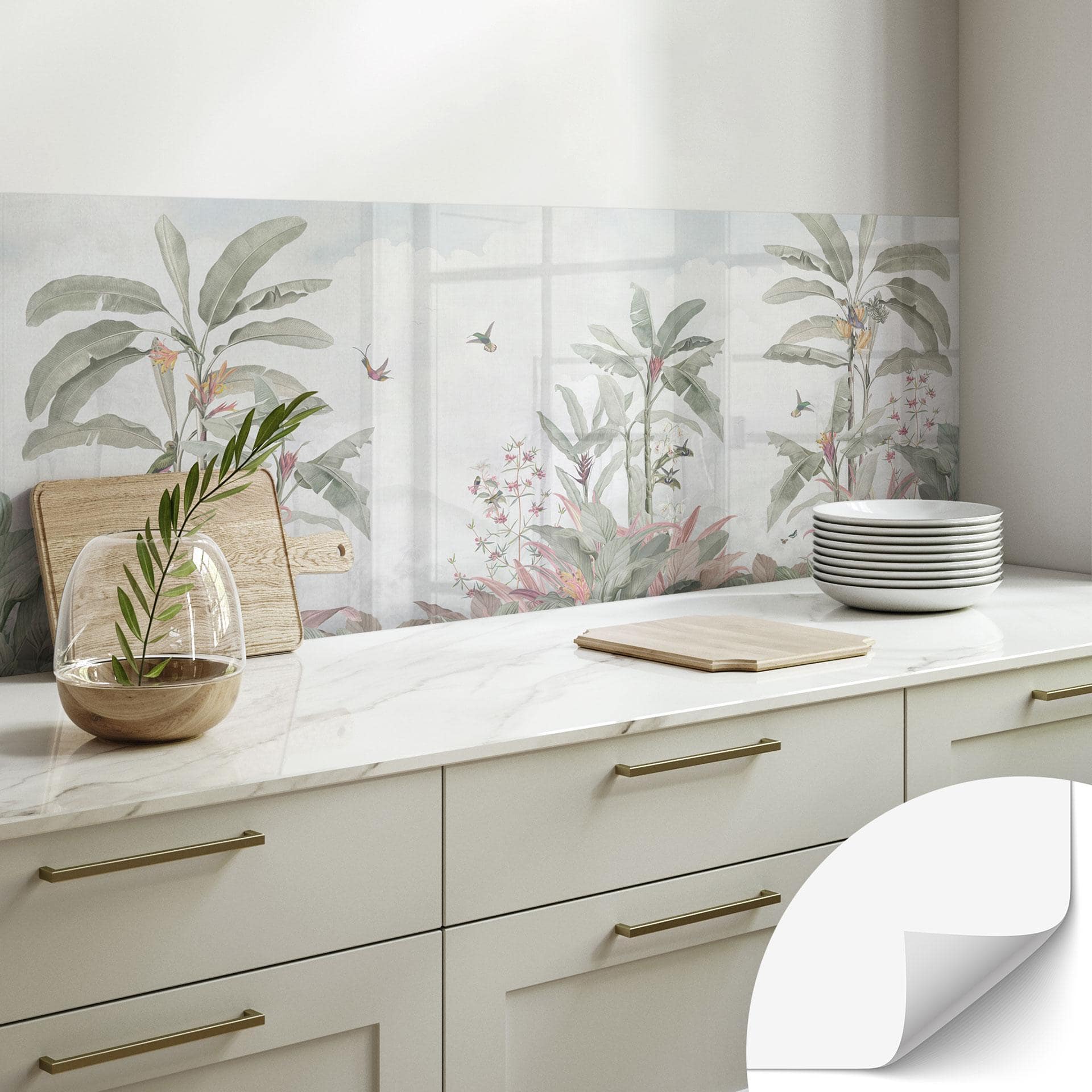 Selvklæbende stænkplade til køkken Tropisk idyl med kolibri blå - Bloomery Decor