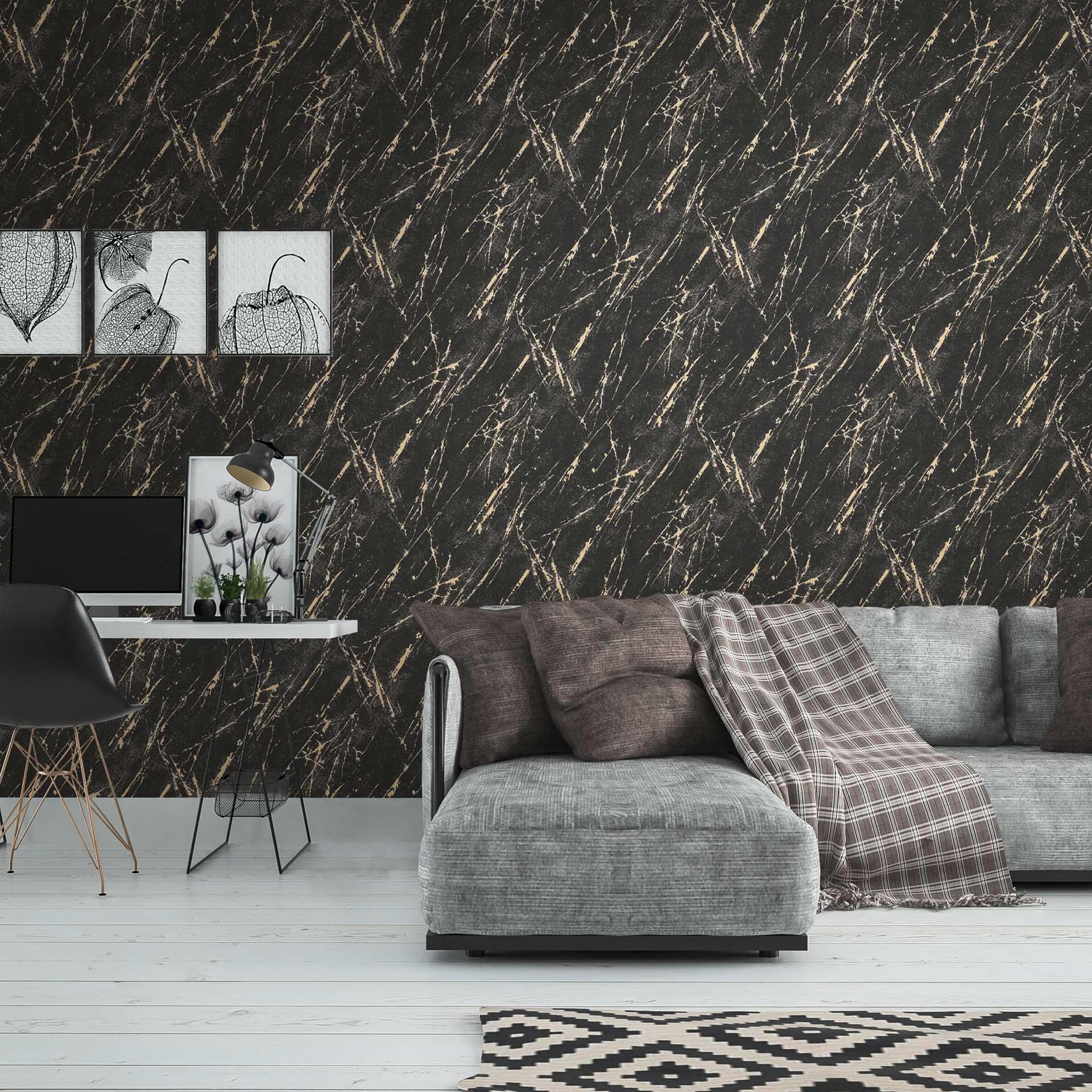 Marmor metallic tapet sort guld - tapet til soveværelset