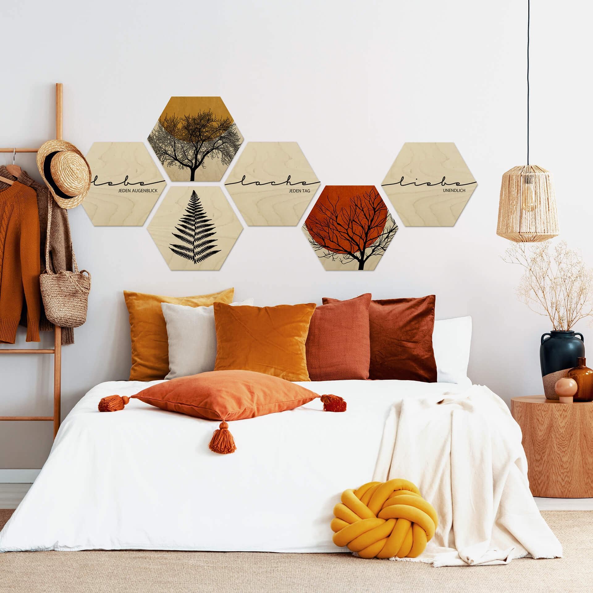 Hexagon - Holz Birke-Furnier - Lebe, Lache, Liebe