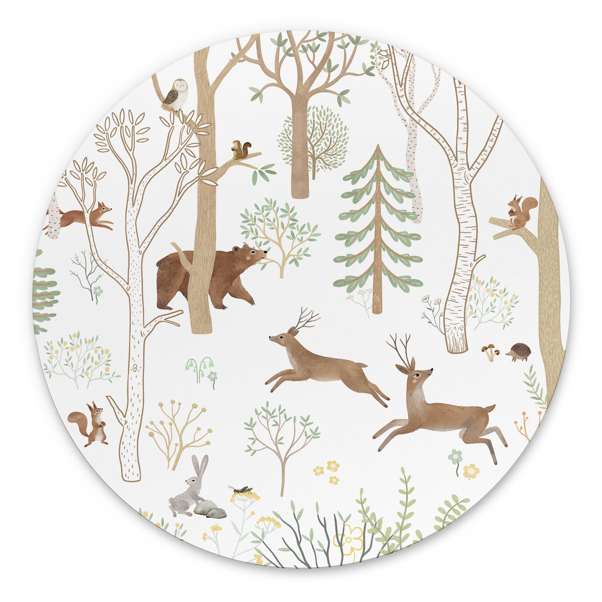 Wanddecoratie Vrolijk Bosleven met Dieren - Oliver Robins - Alu-Dibond - Rond