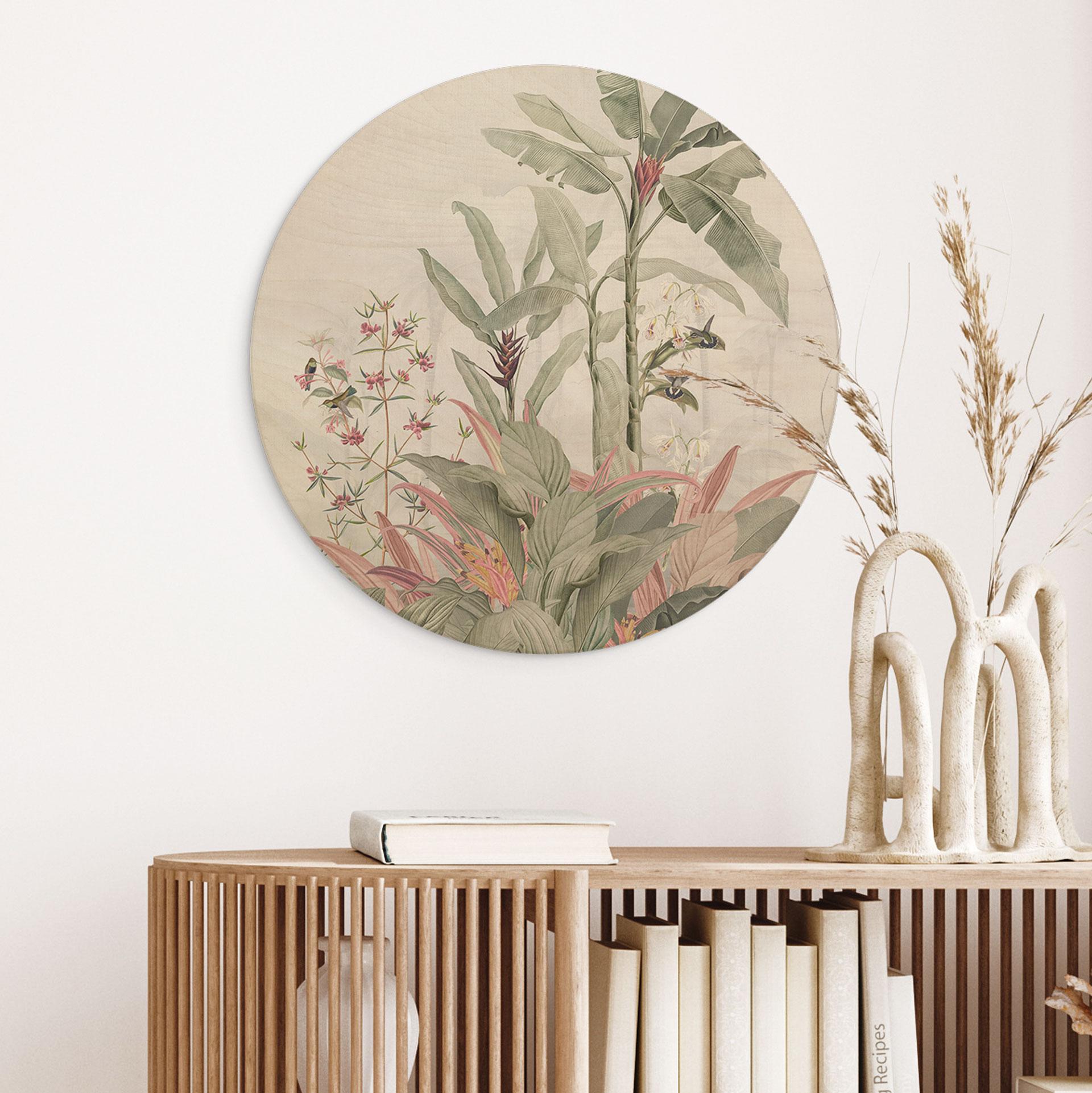 Billede af træ Tropisk idyl med kolibri blå - Bloomery Decor - Round