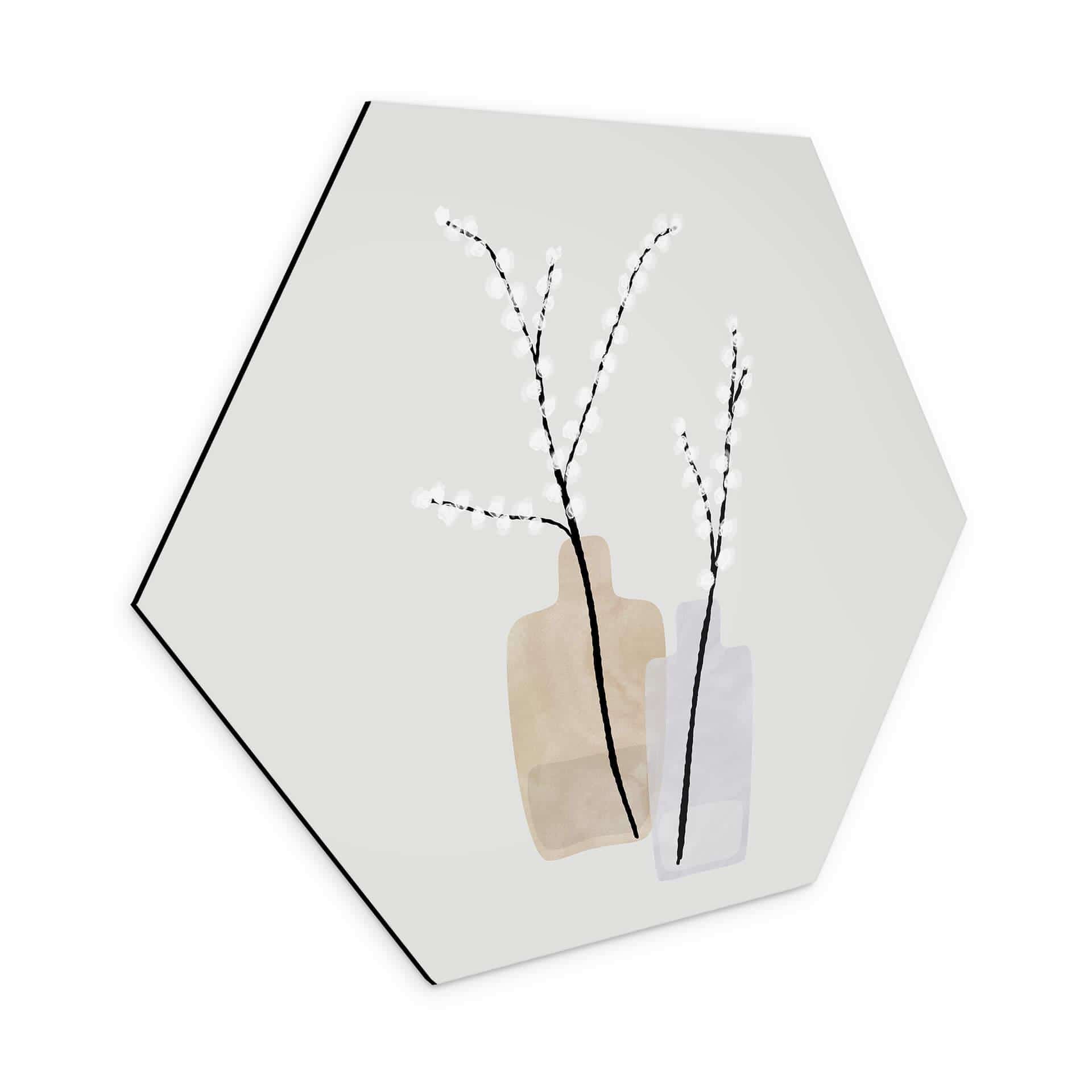 Hexagone - alu-Dibond Blursbyai - Deux vases avec des branches de saule dans des tons pastels