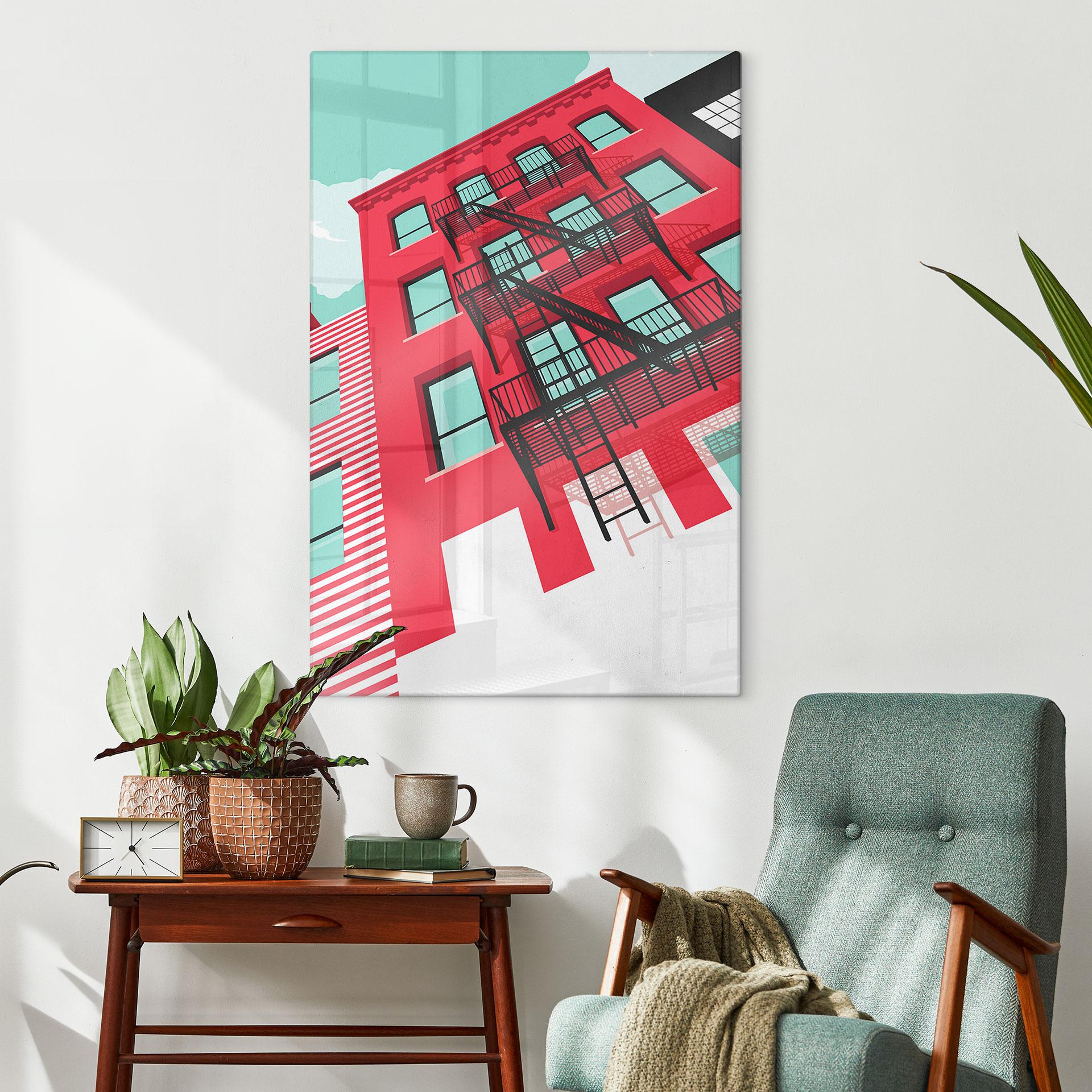 Glasbild Rote Fassade mit Feuertreppe in New York - Heemskerk