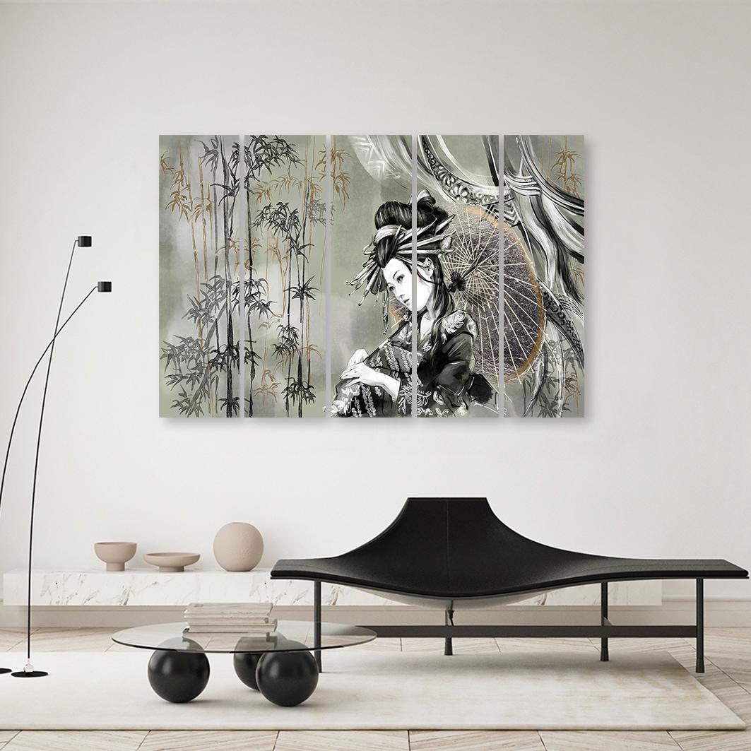 Lærred print 5 dele, geisha og bambus