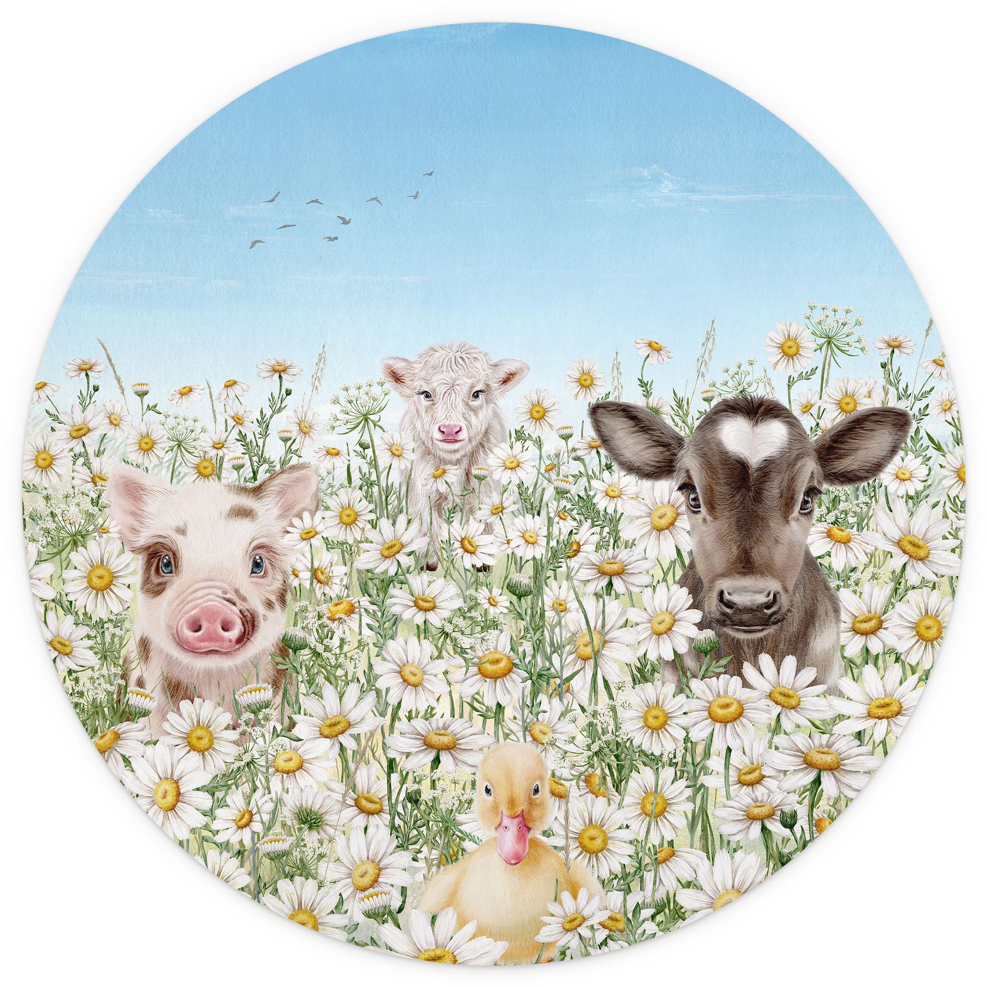 Behangcirkel Boerderijdieren in de bloemenweide - Kikki Belle - vliesbehang/zelfklevend vliesbehang