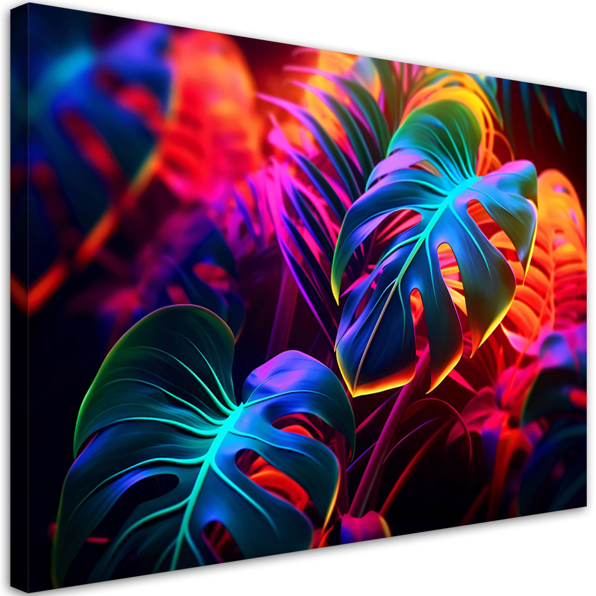 Canvasbillede, Monstera-blade i neonfarver