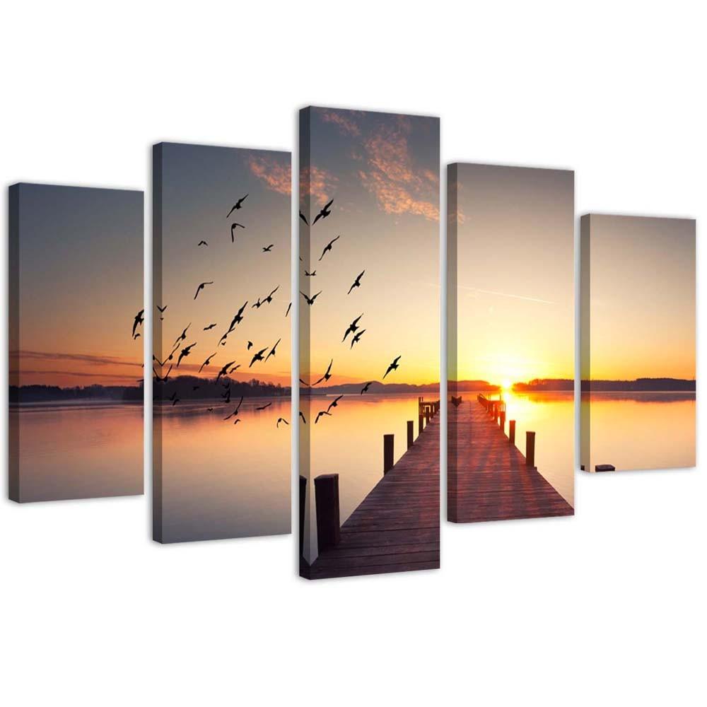 Lærredstryk 5 stykker, Jetty Birds Sunset