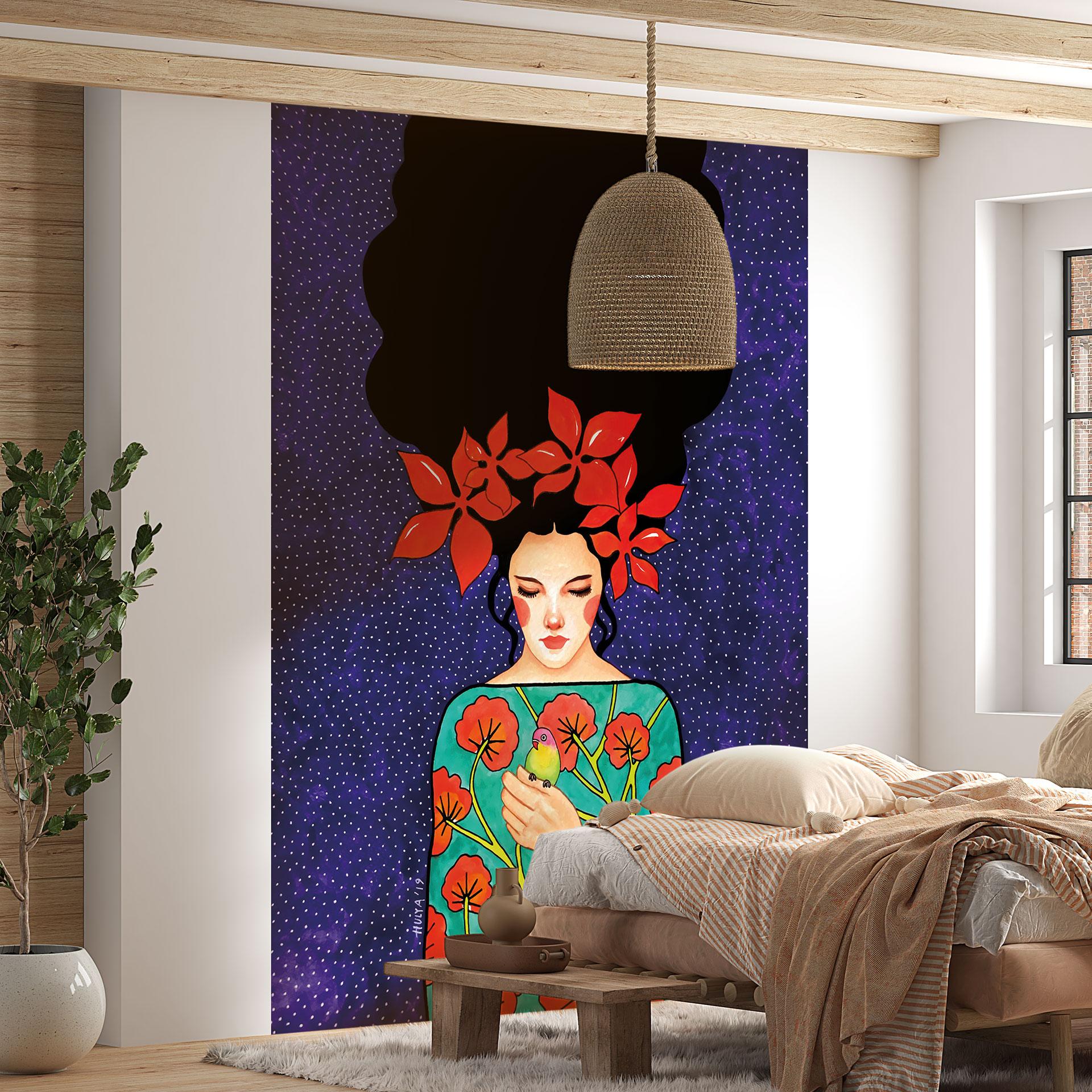 Fotomural boho - mujer con corona de flores rojas y pájaro - Hülya