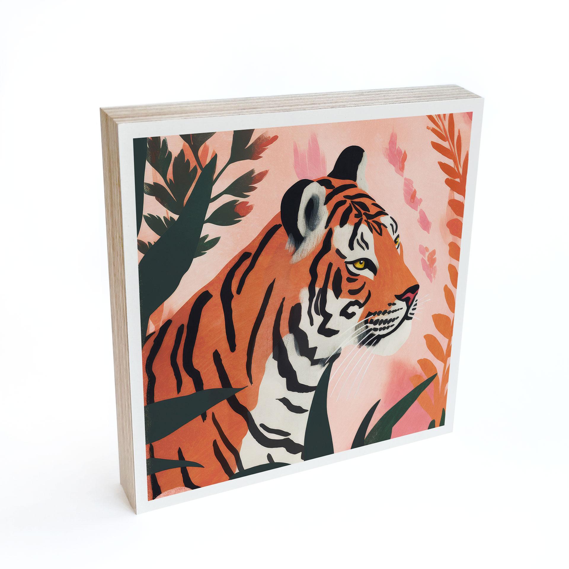 Billede af træ til at sætte op - Tiger i lyserød jungle - Treechild - 15x15 cm