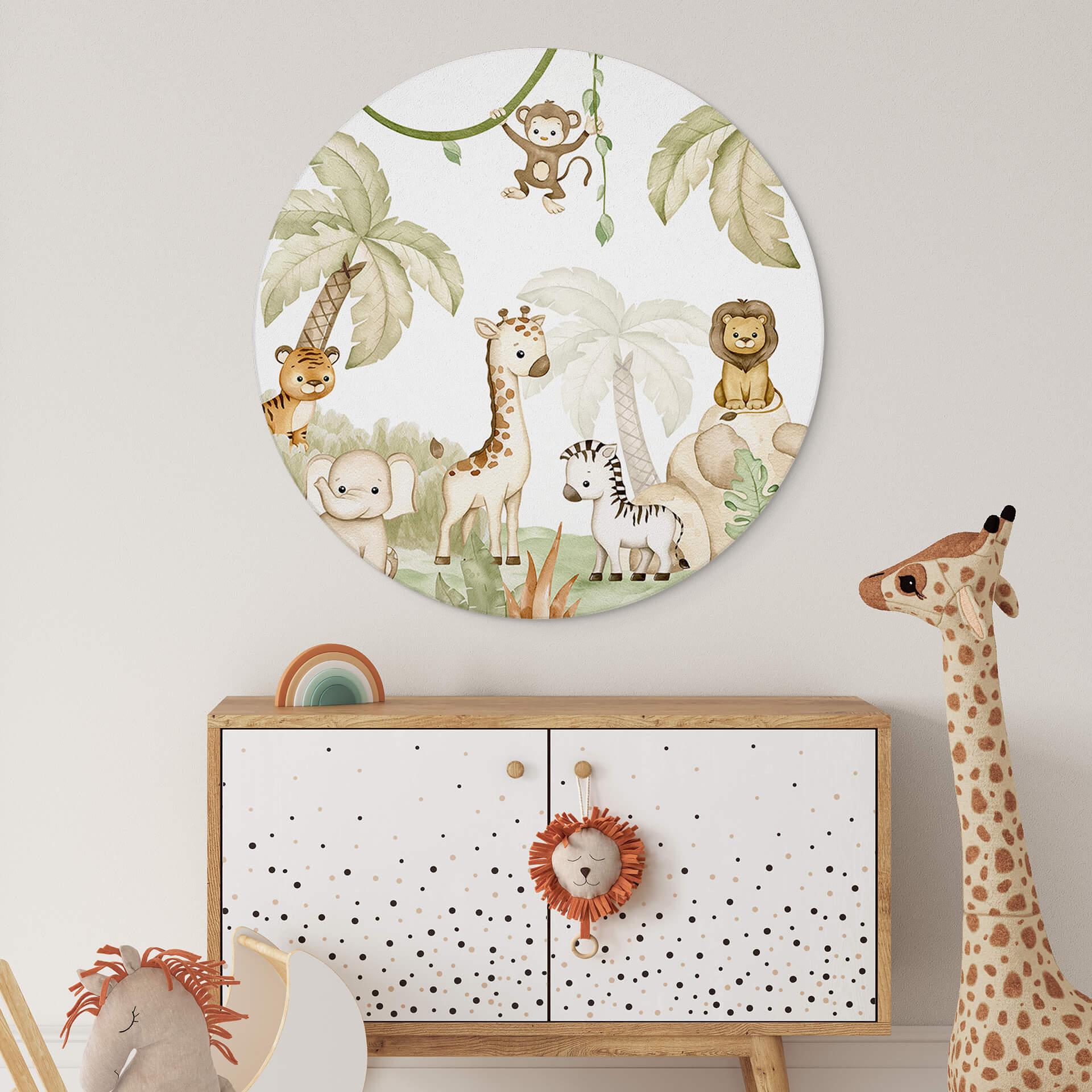 Rundes Wandbild Oliver Robins - Niedliche Tiere unter Palmen - Alu-Dibond