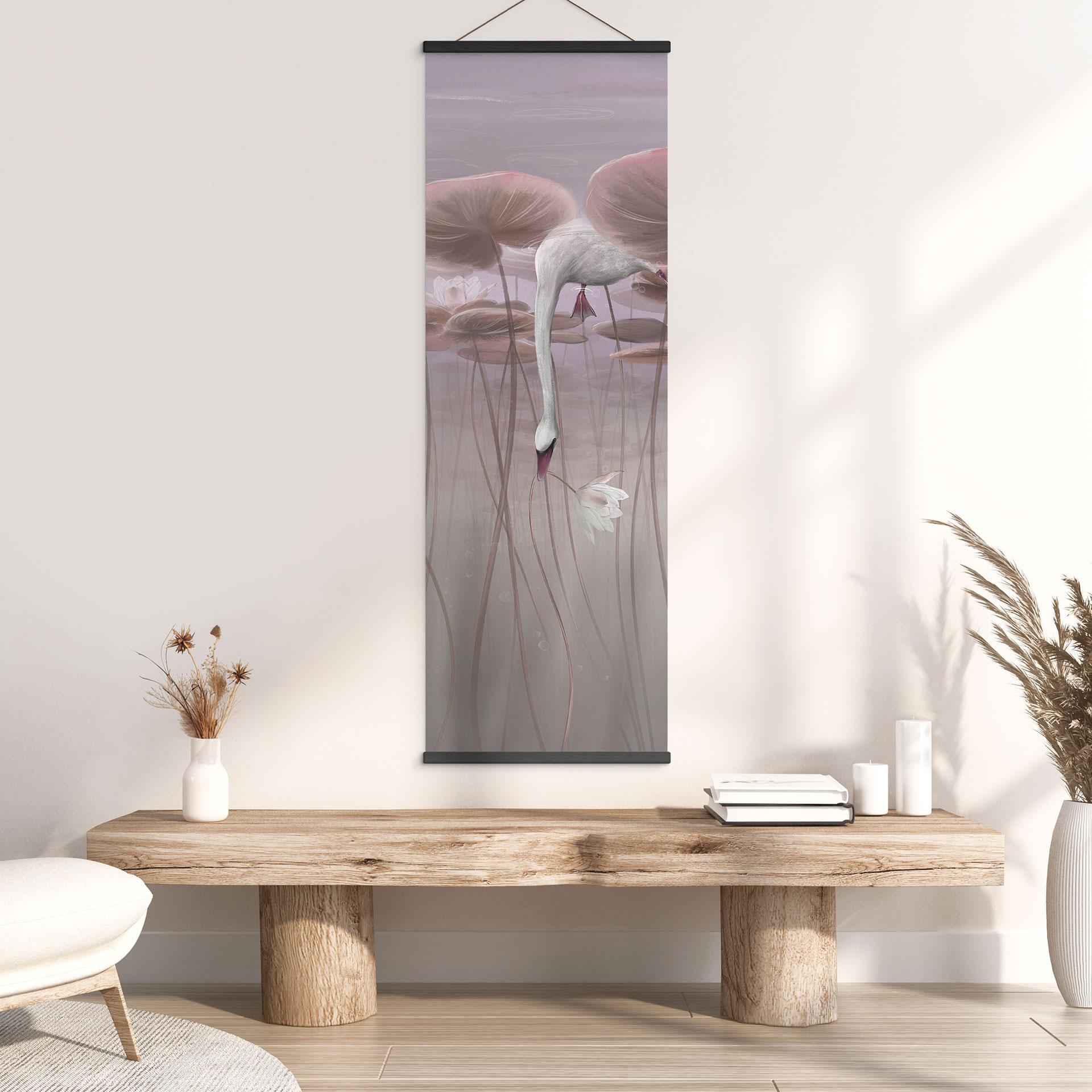 Stoffbild Lotusblumen mit Schwan im Wasser in Altrosa - Ms Tiff - Panorama