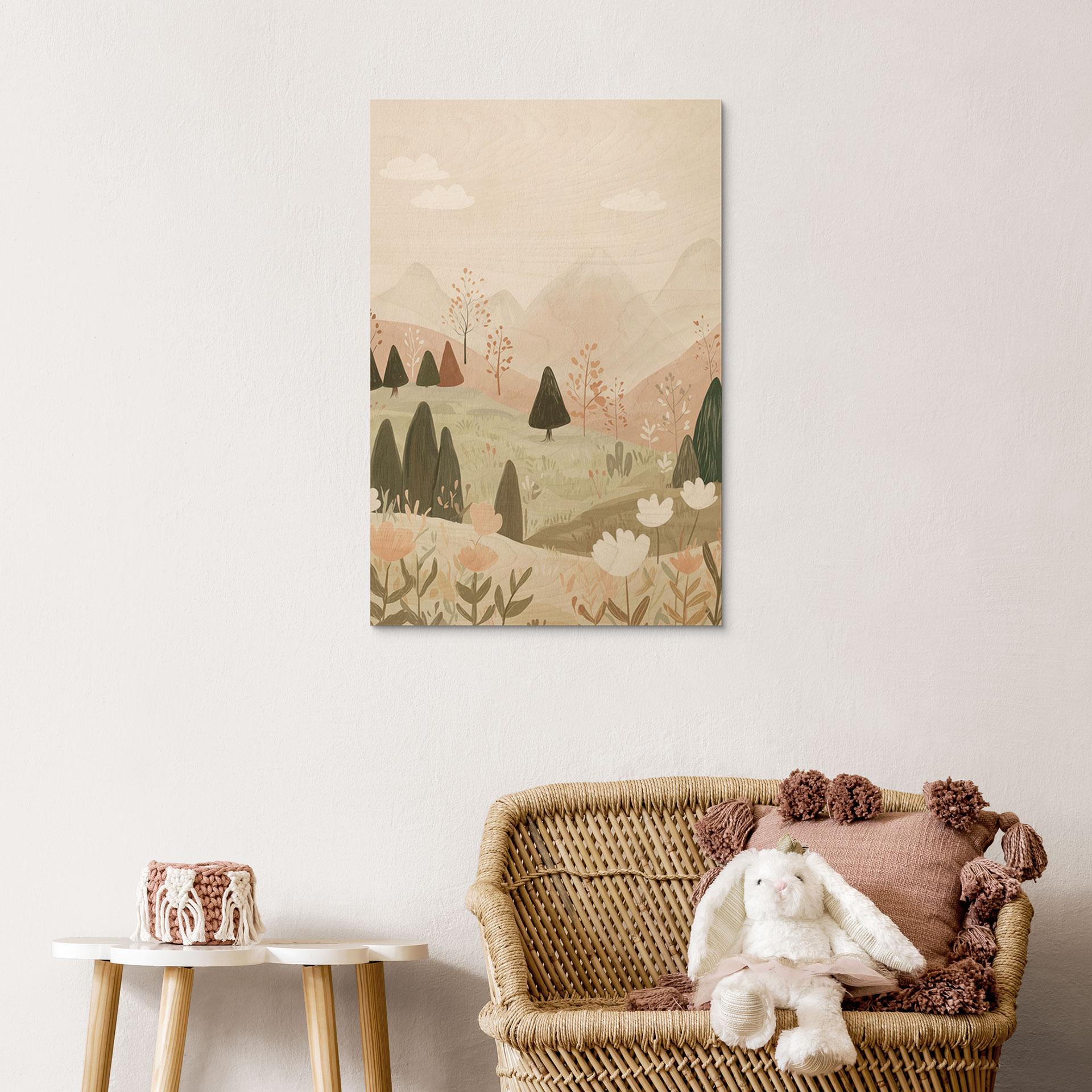 Obraz drewniany pastelowy krajobraz górski z kwiatami - Treechild