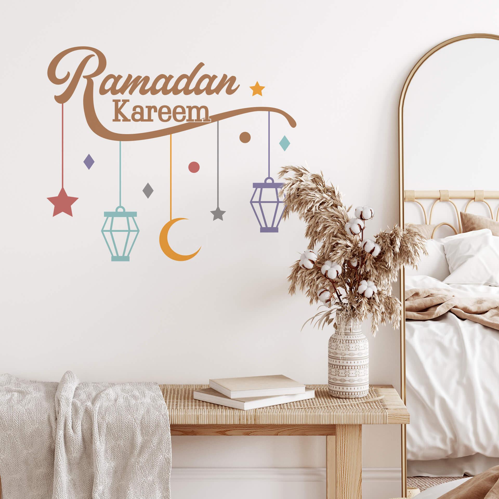 Wandtattoo Ramadan Kareem - Mond Sterne Laternen - farbig