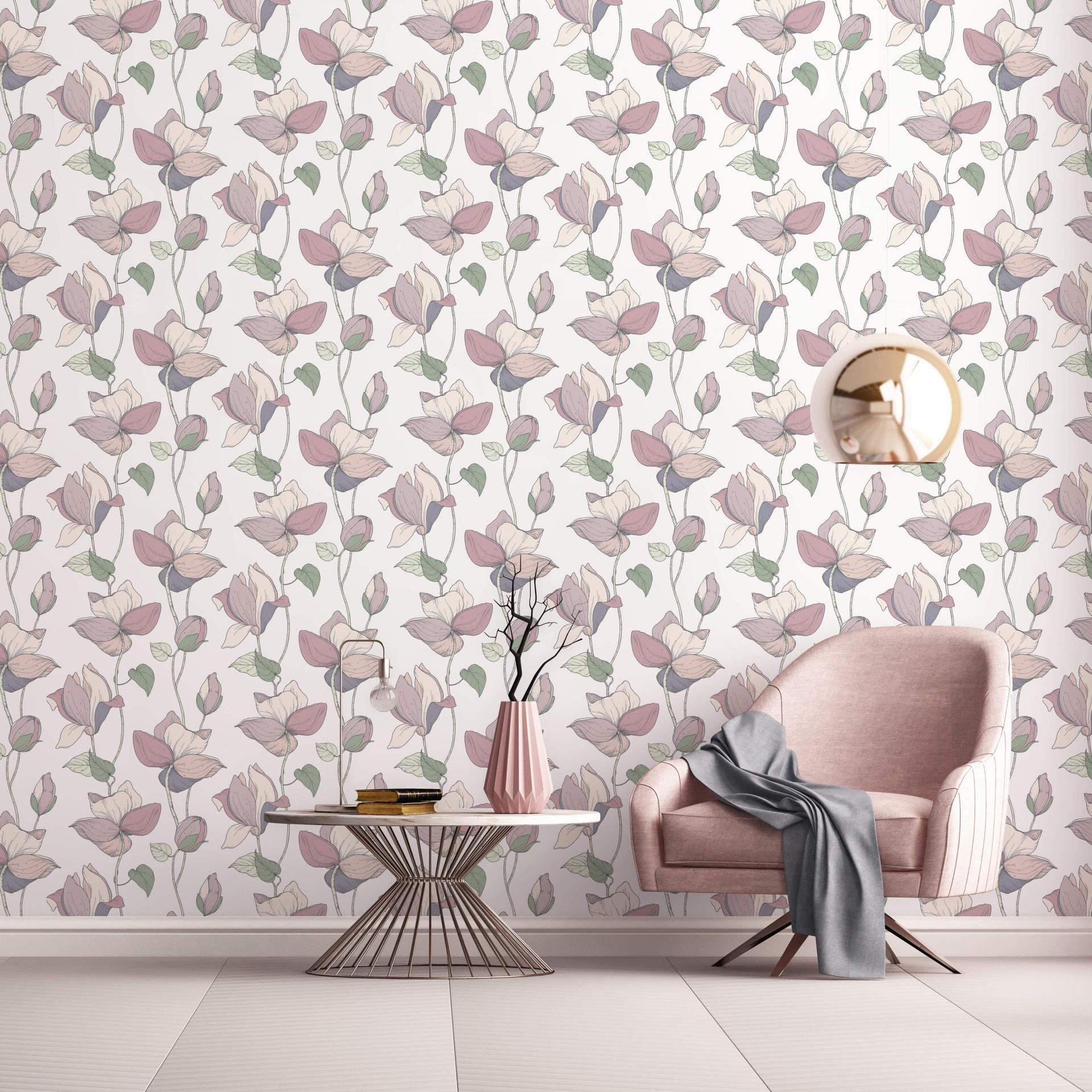 tapet, non-woven blomstertapet Flora hvid, beige