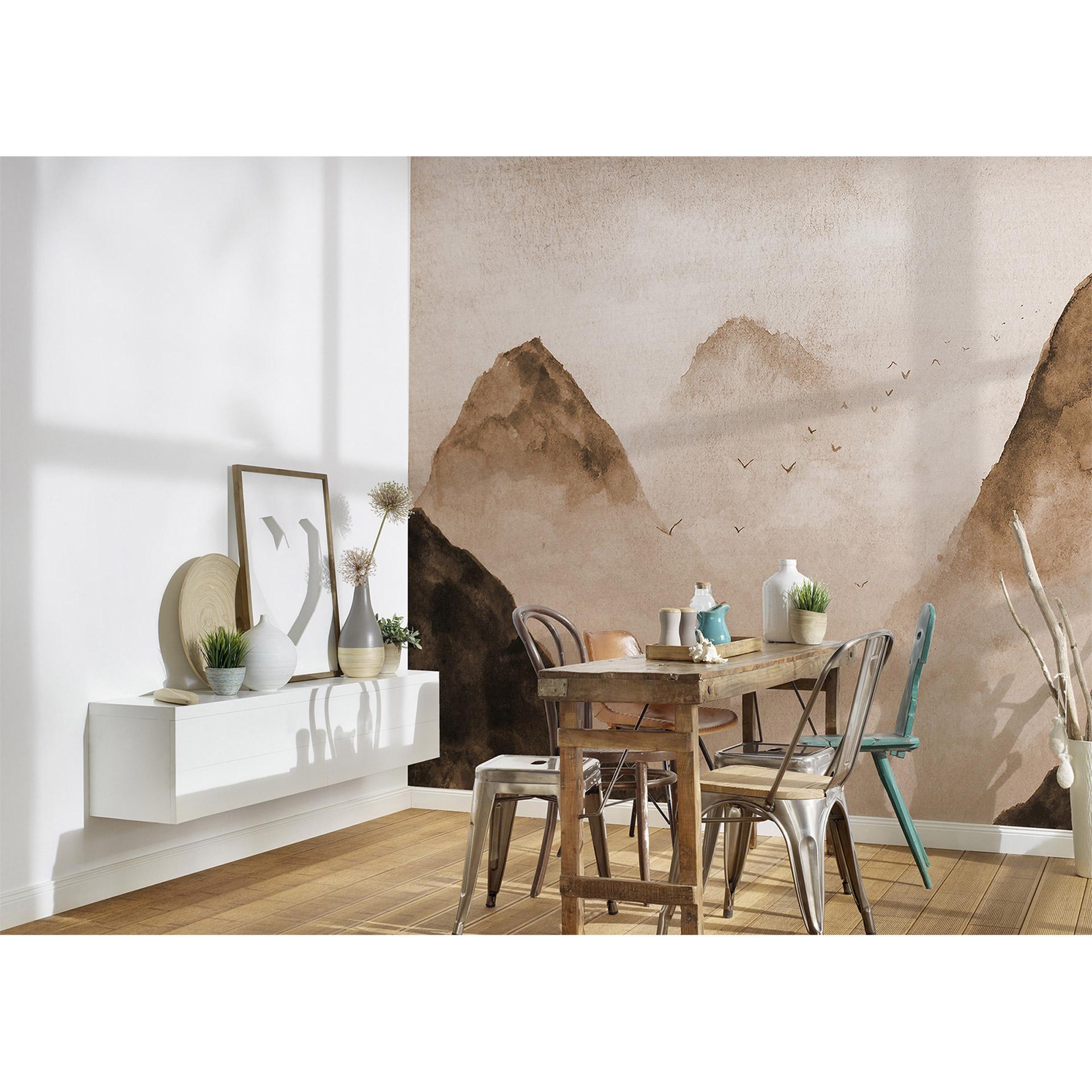 Non-woven tapet Designwalls i beige og sort non-woven tapet Misty Rocks fugle natur