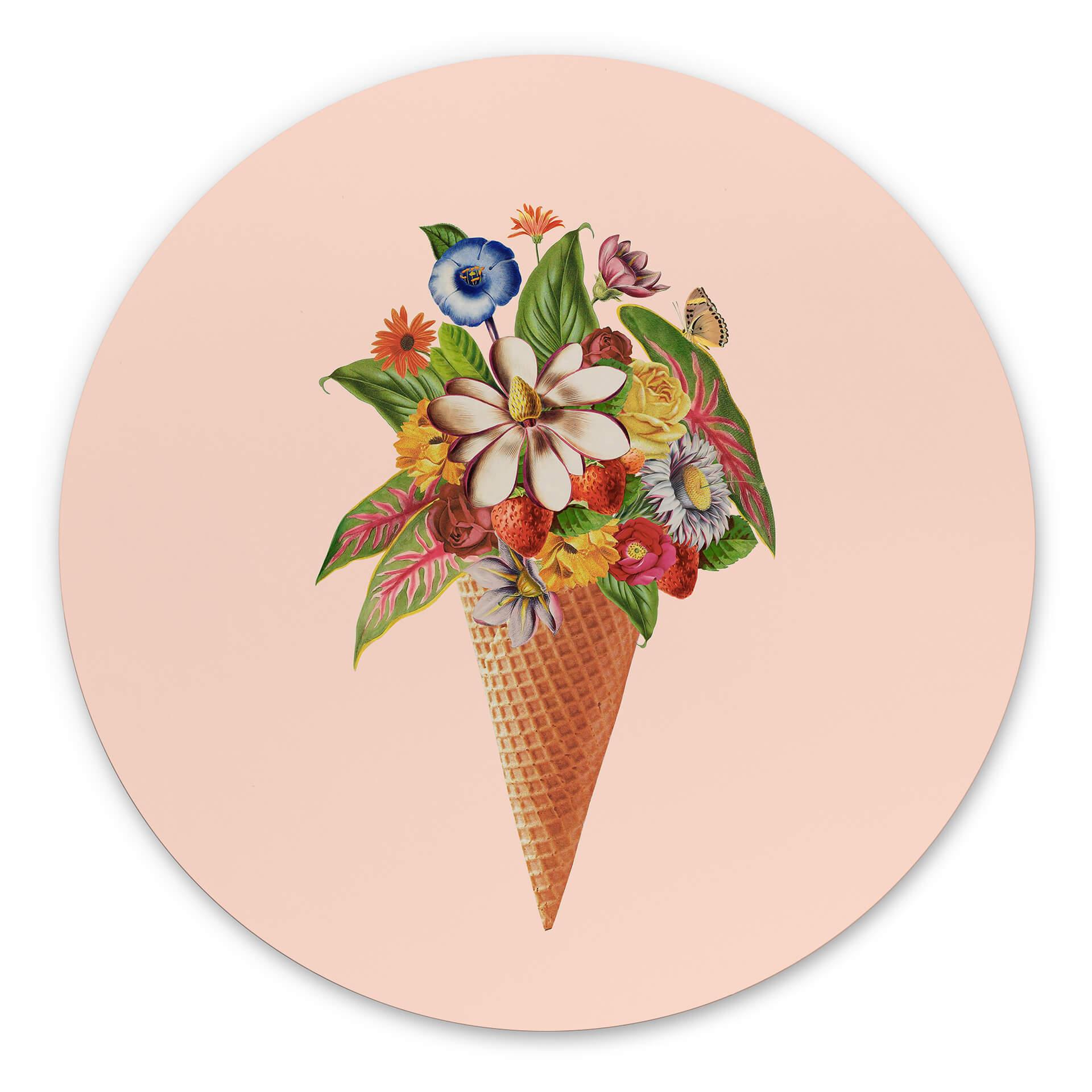 Tableau sur alu-Dibond rond Frida Floral Studio - Cornet de glace fleuri