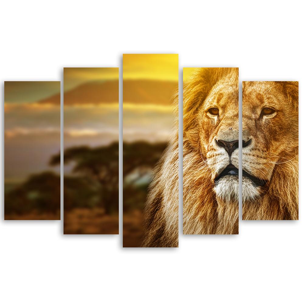Leinwandbild 5 teilig, Löwe Afrika Savanne Landschaft