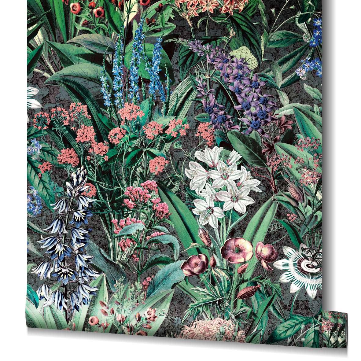 Behang, vliesbehang Flora zwart, groen