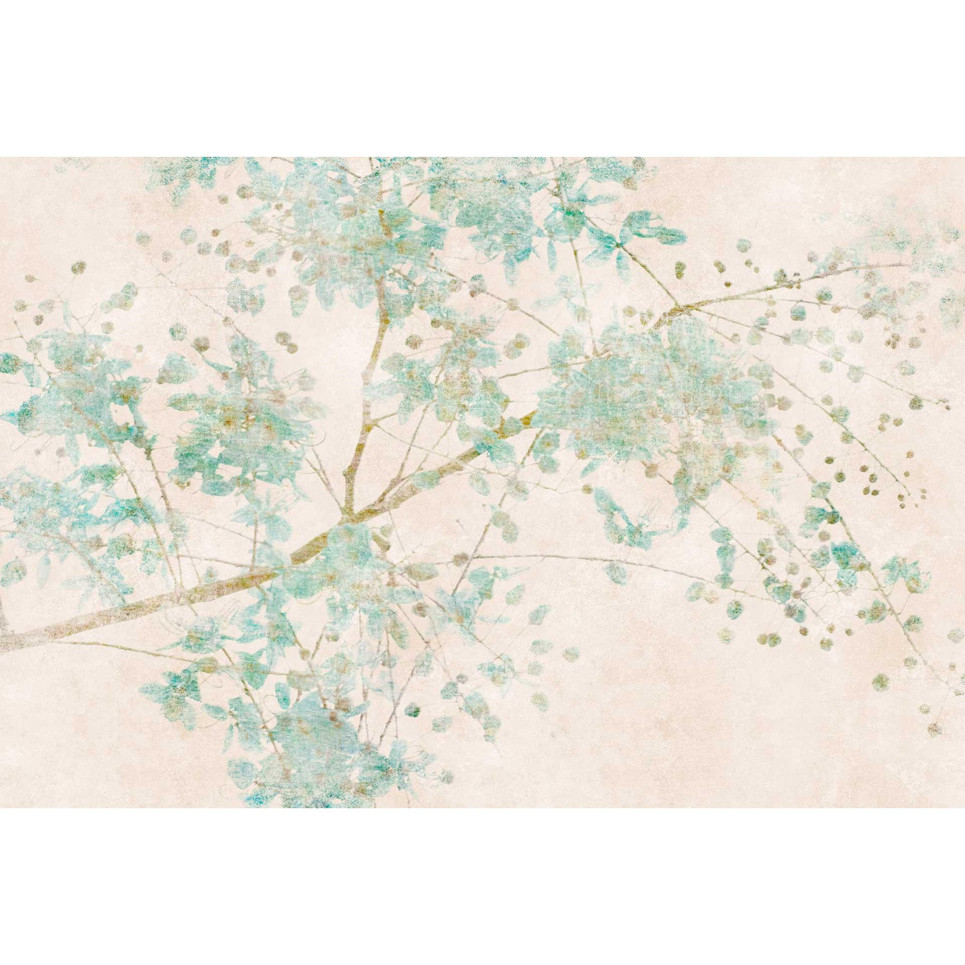 Aquarel bloesem takken behang muurschildering in pastel blauw - vliesbehang met een delicate look