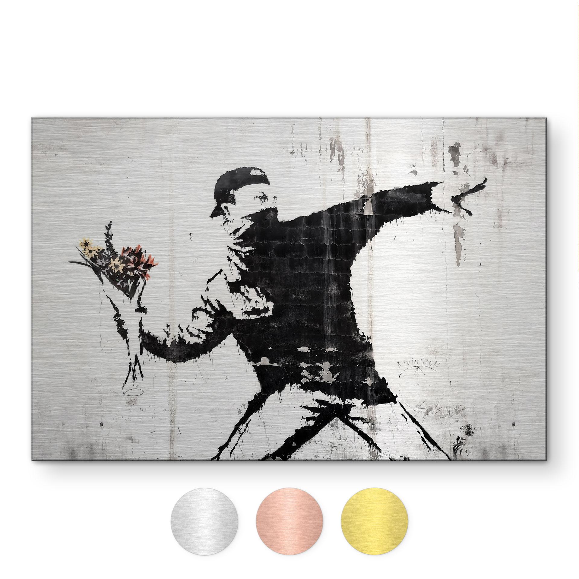 Geborsteld Alu-Dibond met goud-, zilver- & kopereffect - De Bloemenwerper - Banksy