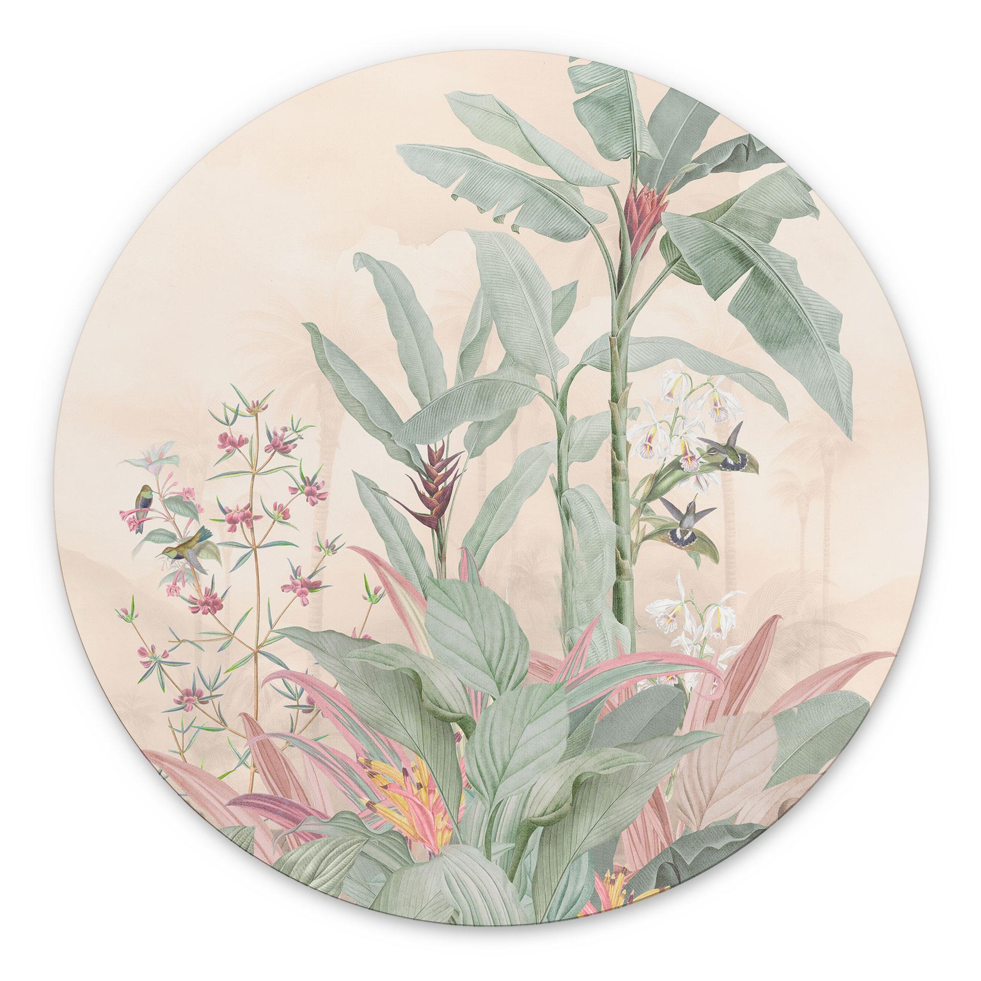Tropisk idyl med kolibri abrikos - Bloomery Decor - rund – print på aluminium (Alu-Dibond)