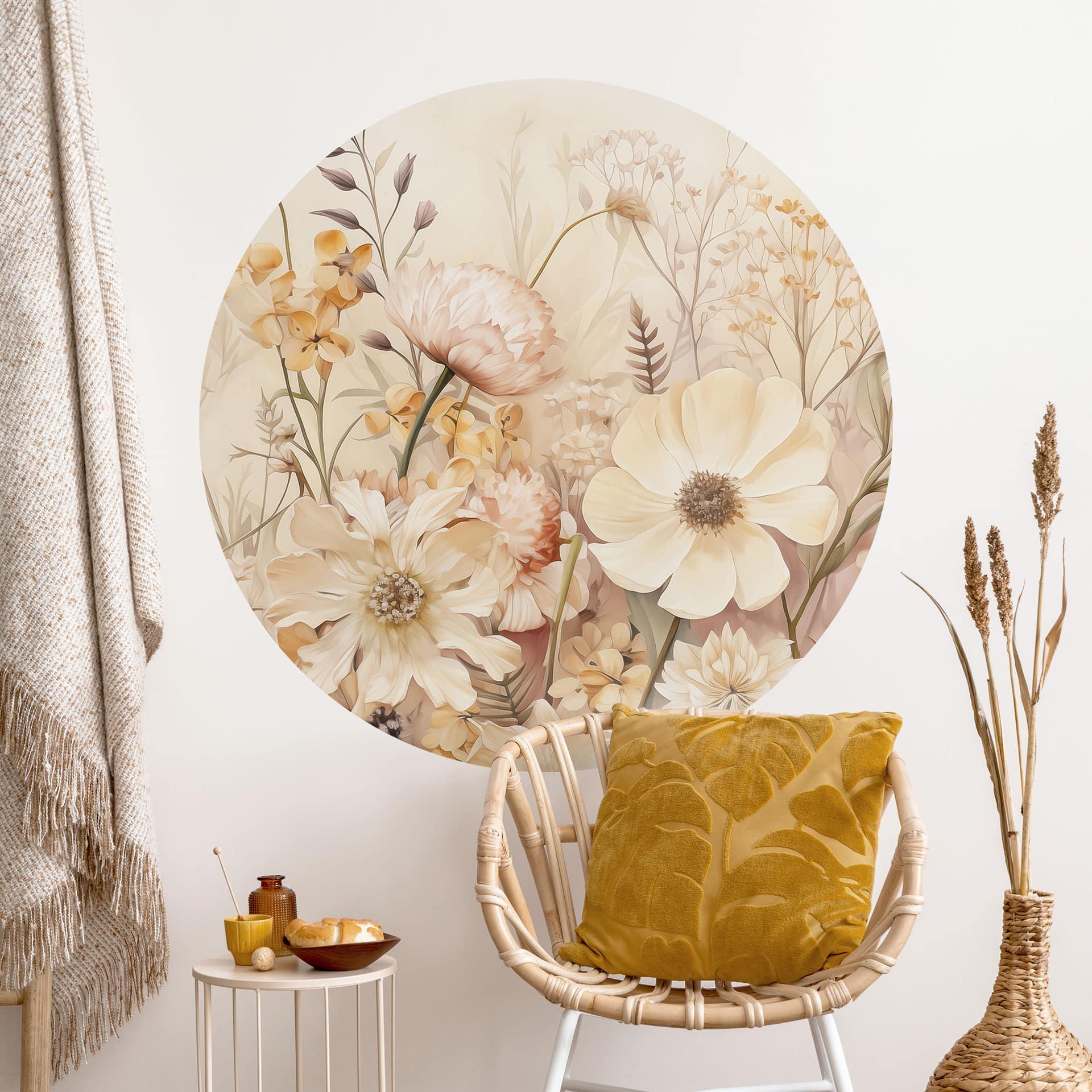 Vintage blomsterpragt i engen Wallsticker - Lola Peacock - Rund