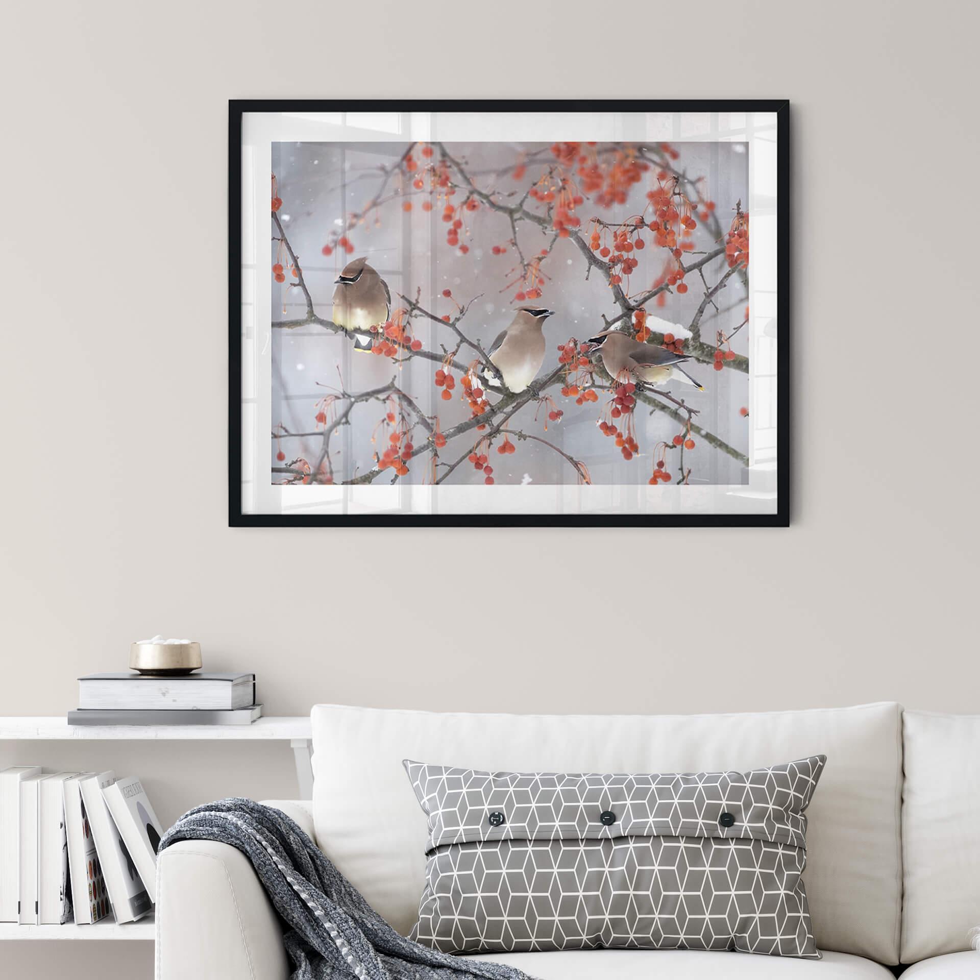 Póster Li - Tres pájaros en un paisaje invernal
