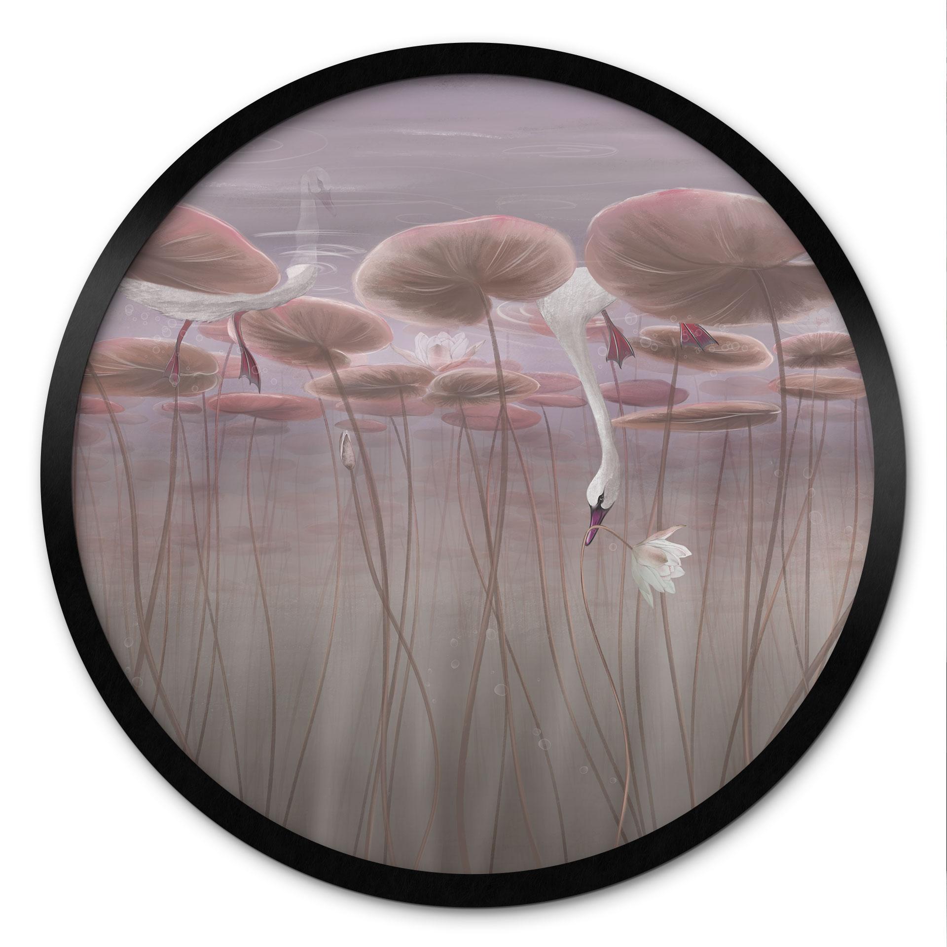 Poster Lotusblumen mit Schwan im Wasser in Altrosa - Ms Tiff - Rund