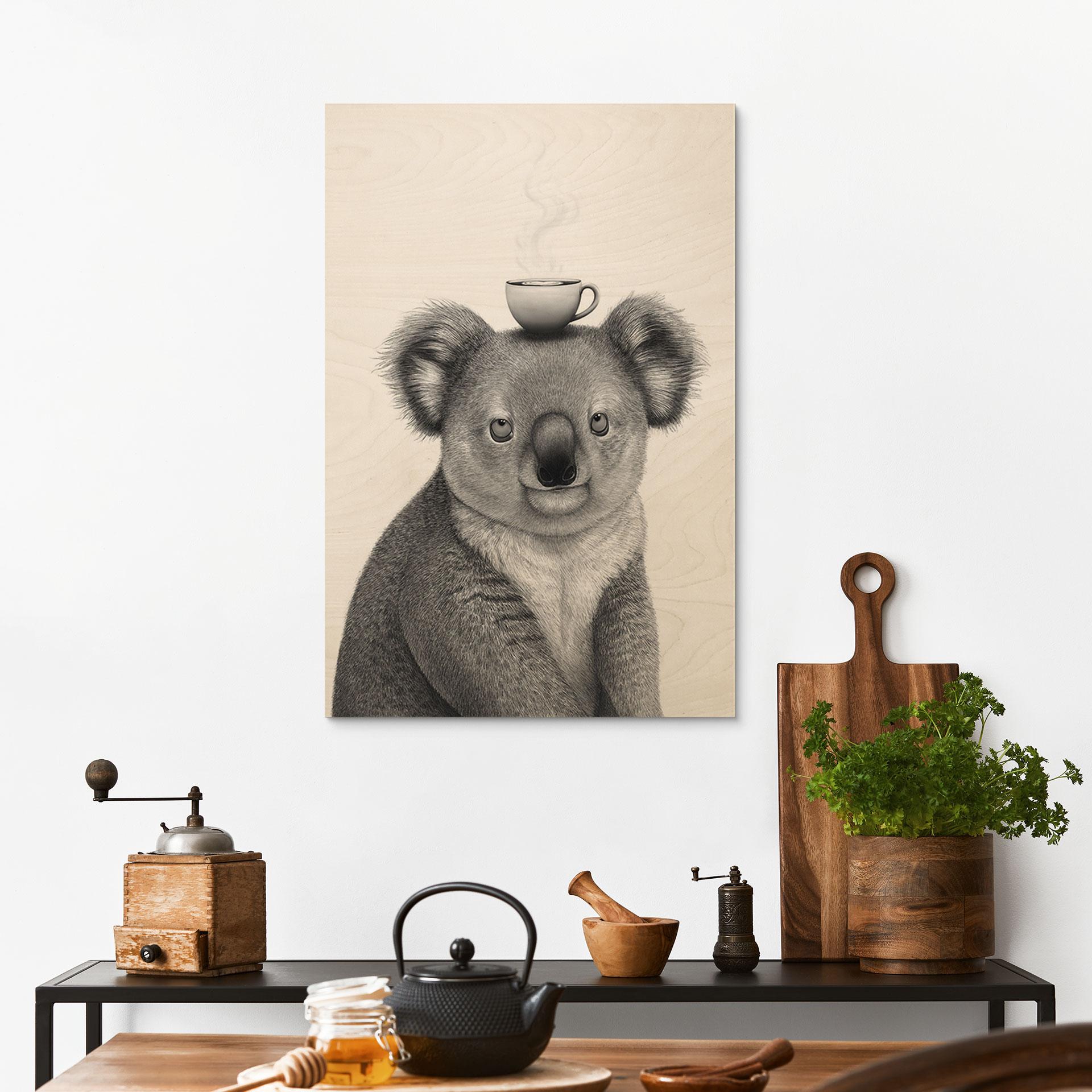 Okrągły drewniany obraz Koala z kawą - Korenkova