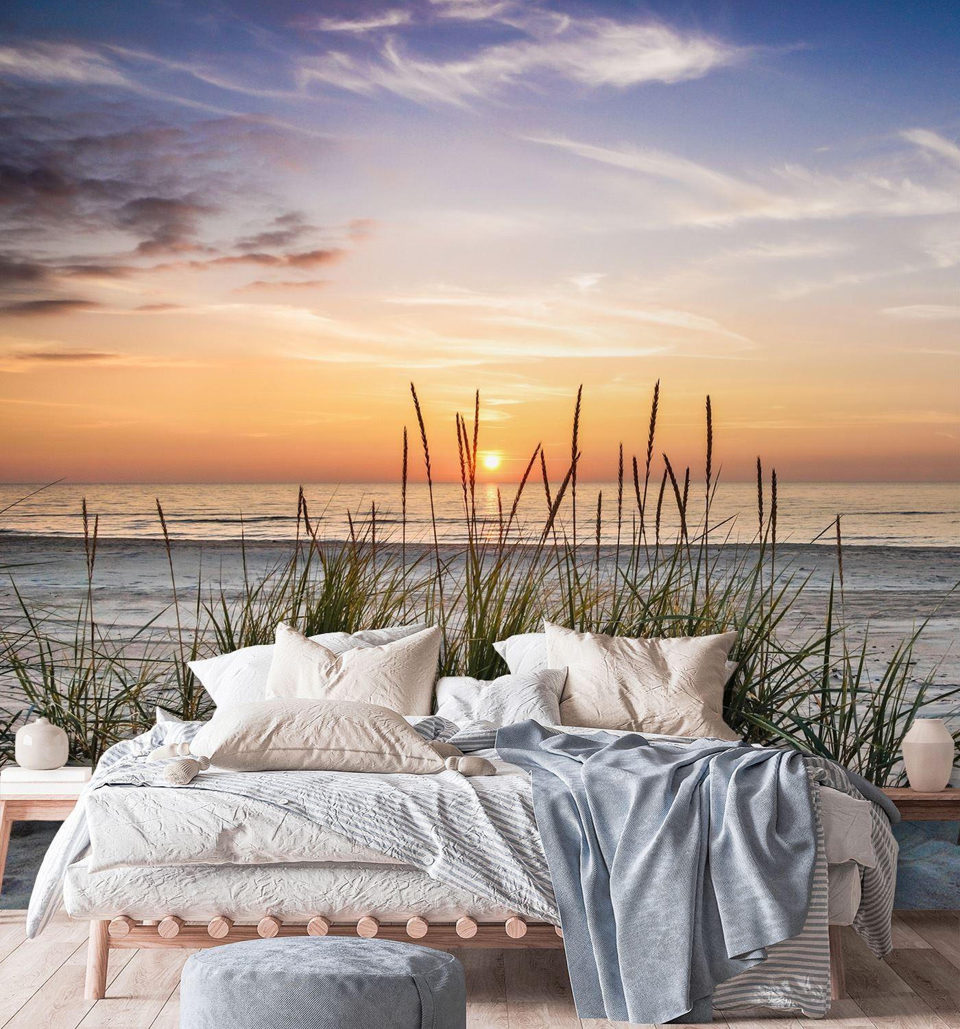 Fototapete, Meer Dünen Strand Sonnenuntergang