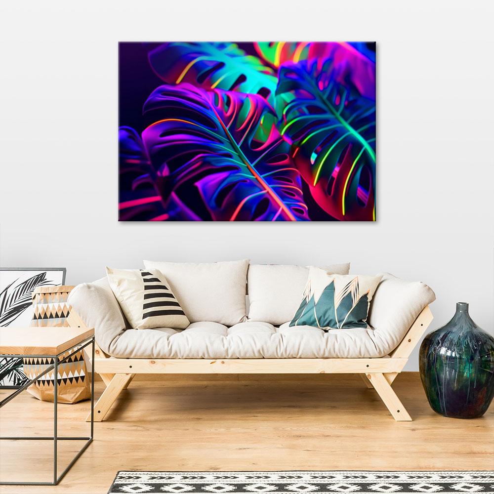 Canvasbillede, Monstera-blade i neonfarver