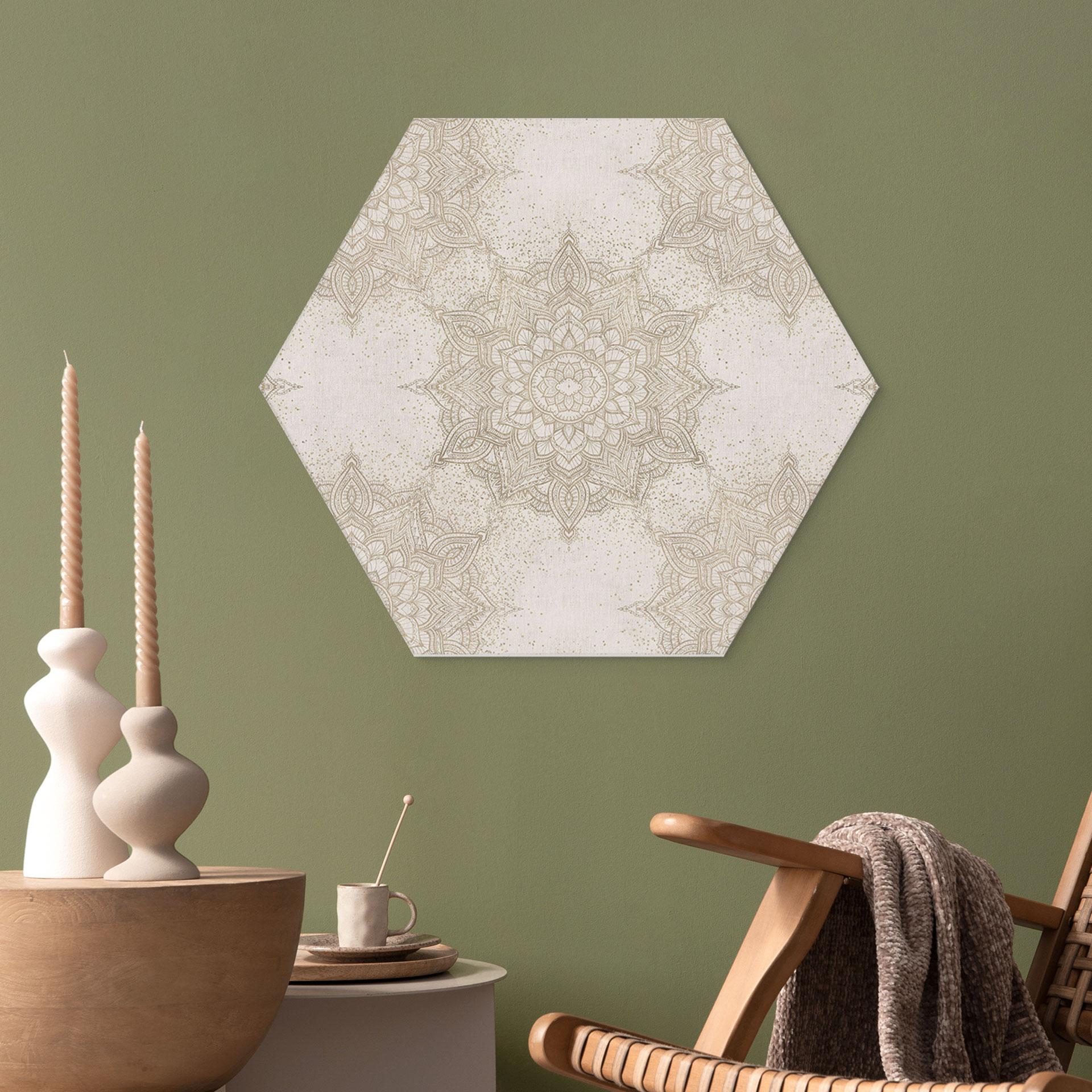 Sekskantet billede Elegant mandala i sandguld - Bloomery Decor - aluminium dibond