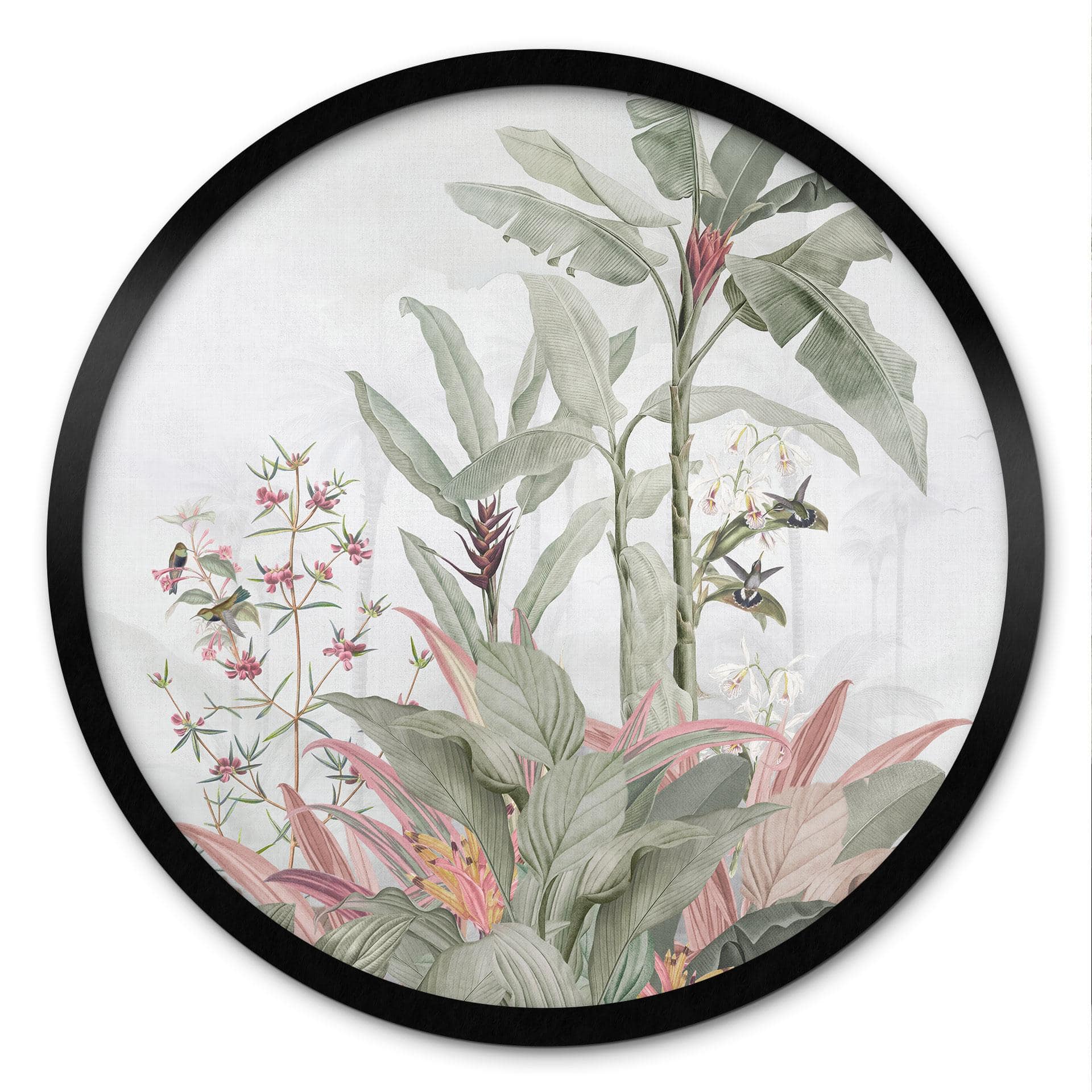 Plakat Tropical Idyll med kolibri blå - blomsterdekoration - rund