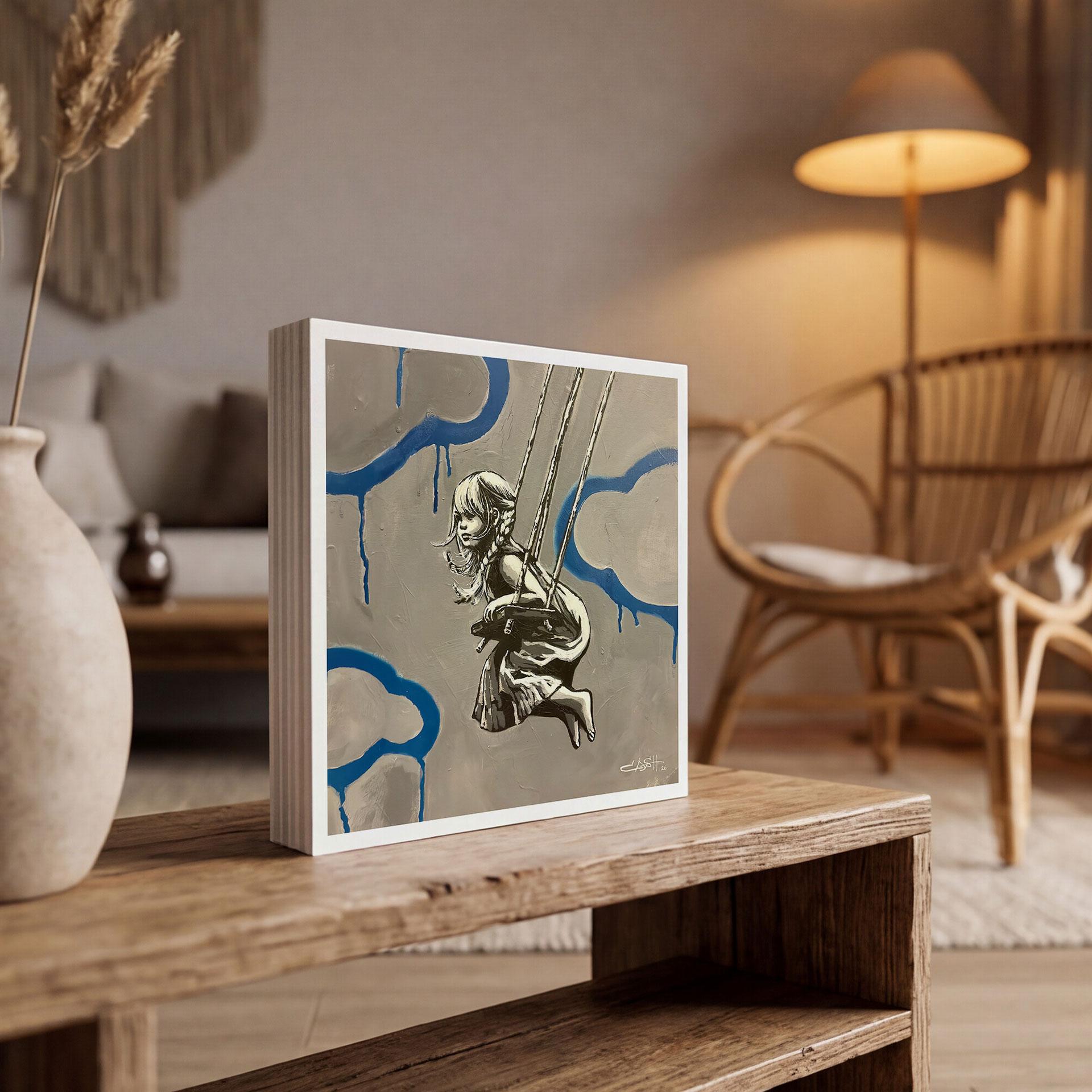 Holzbild zum Hinstellen Mädchen auf Schaukel Streetart - Habib - 15x15 cm