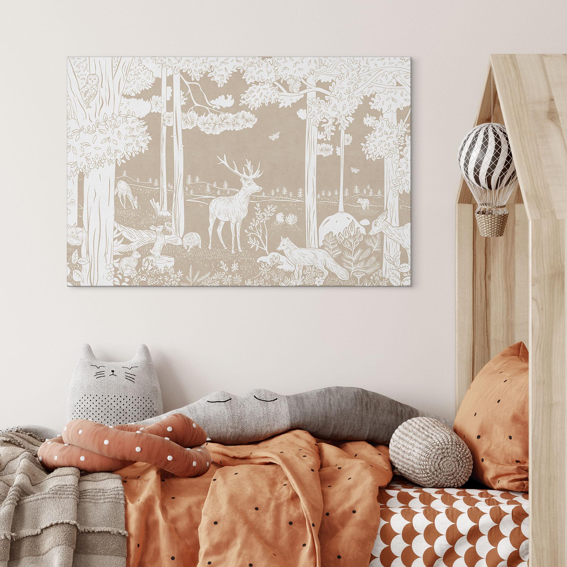 Wandbild Herbstlicher Wald mit Hirschen und Füchsen - Braun - Kikki Belle - Alu-Dibond