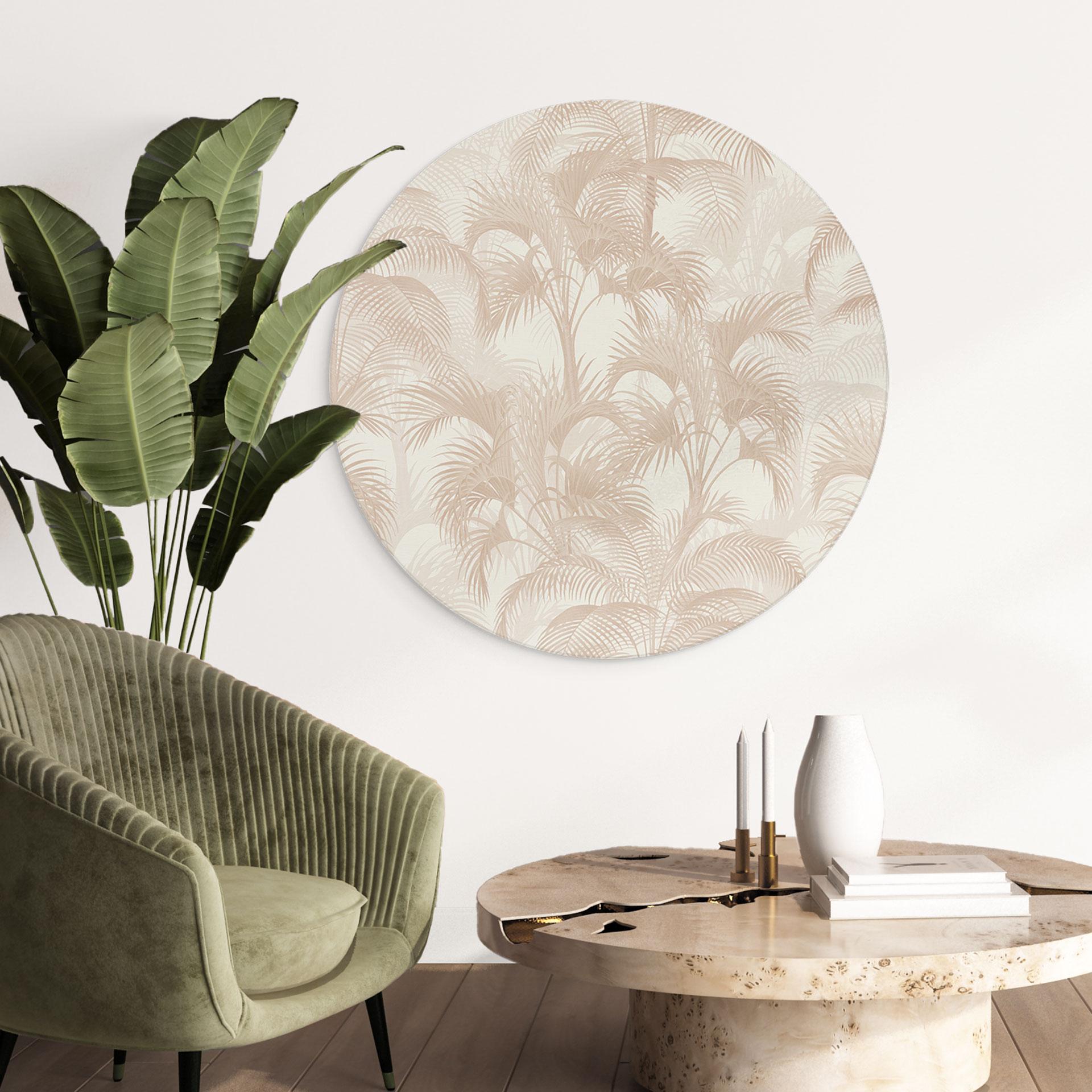 Billede af palmer i junglen beige - Bloomery Decor - rund – print på aluminium (Alu-Dibond)