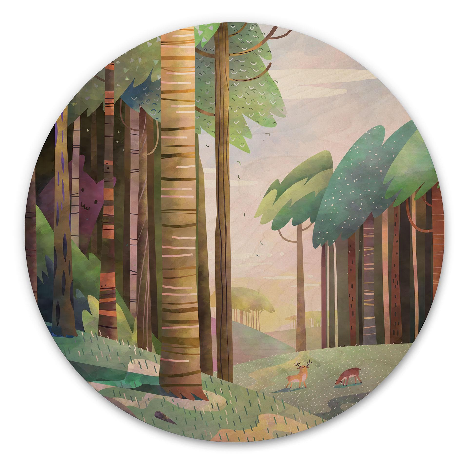 Billede af træ Solrig skov med hjorte - DigitalArtsi - Round
