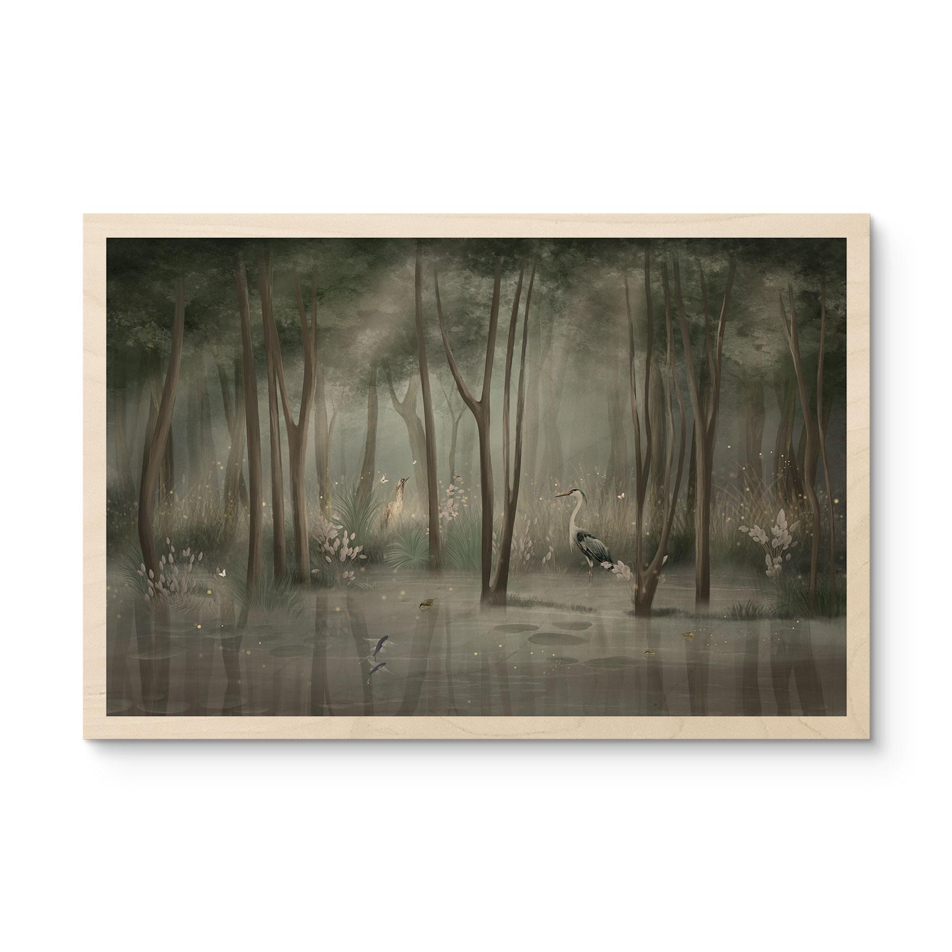 Houten Wanddecoratie wolkenbos bij een meer met reiger in het groen - Ms Tiff