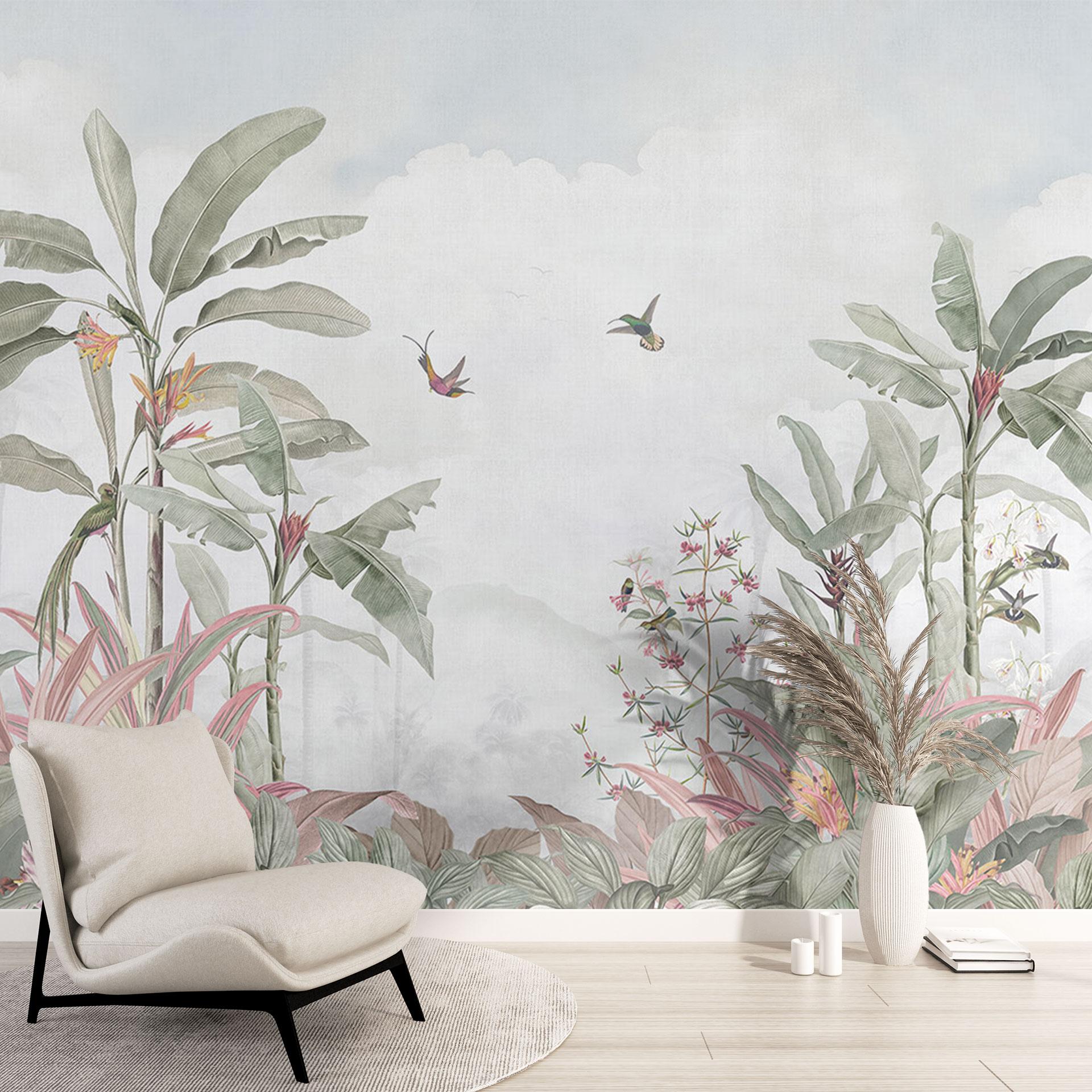 Fototapet stue - tropisk idyl med kolibri blå - Bloomery Decor