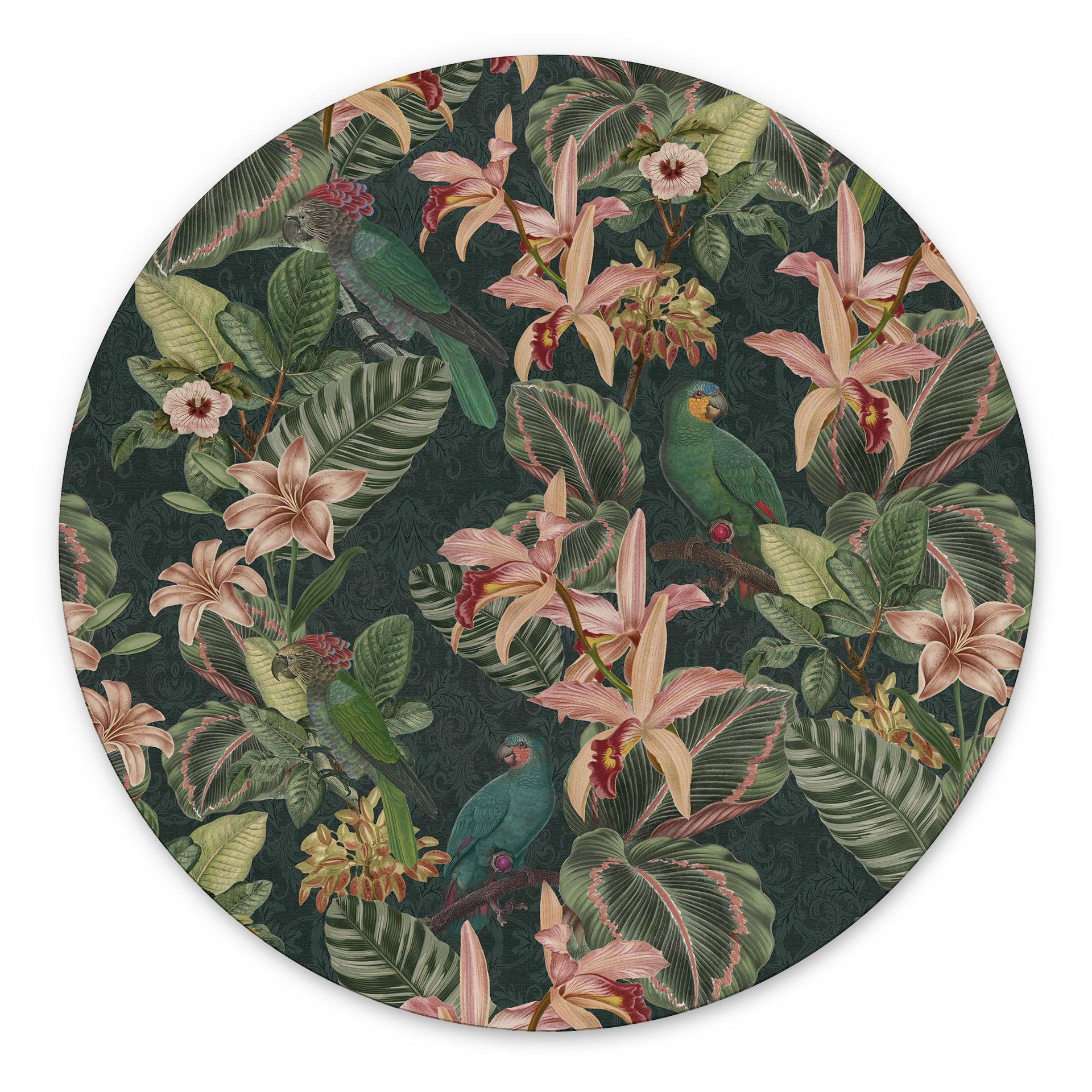 Billede jungle med papegøjer natgrøn - Bloomery Decor - rund – print på aluminium (Alu-Dibond)