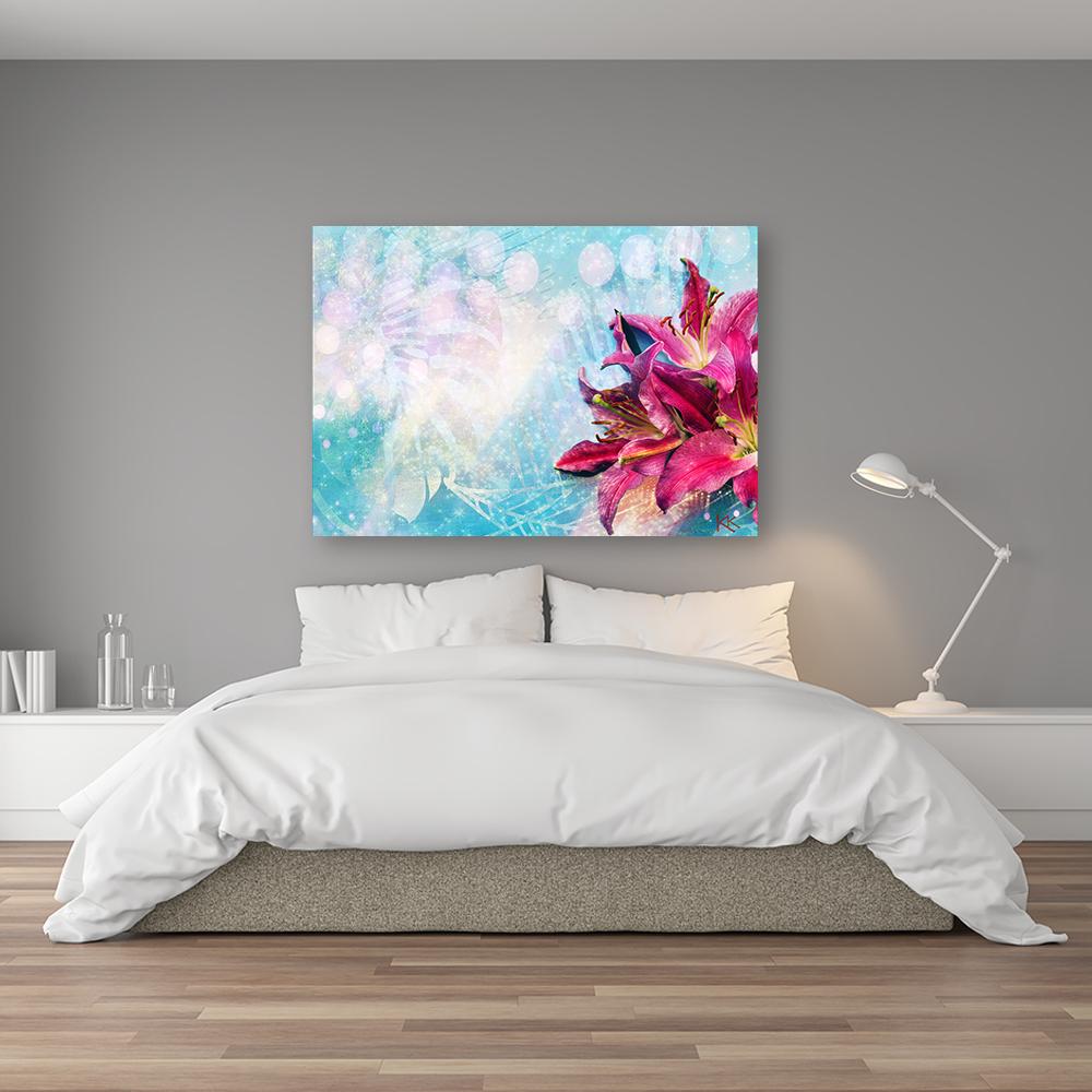 Canvasbillede, Lyserøde blomster på blå baggrund